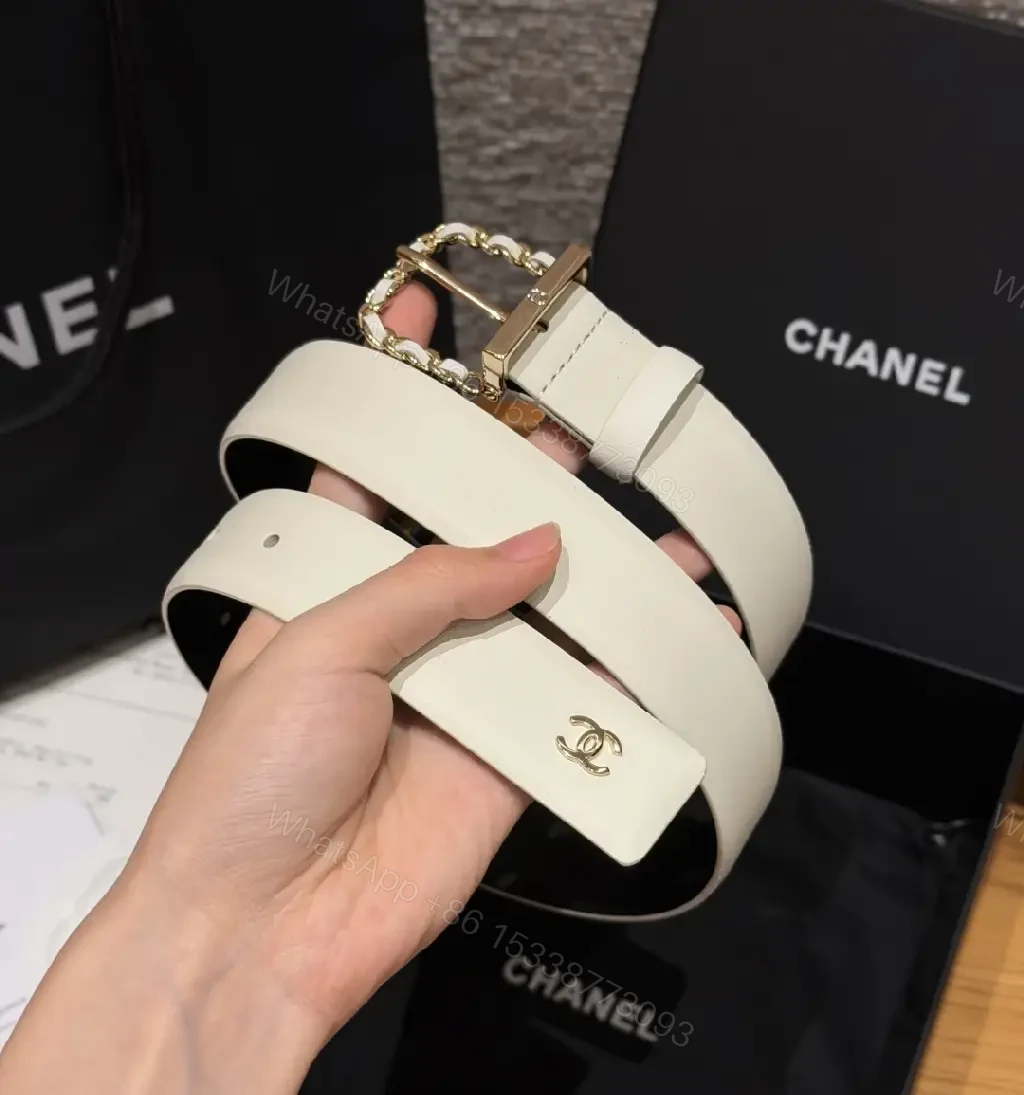 View 7 of White Leather Belt Gold Chain Buckle Modern Chic Chanel Logo Tag Belt