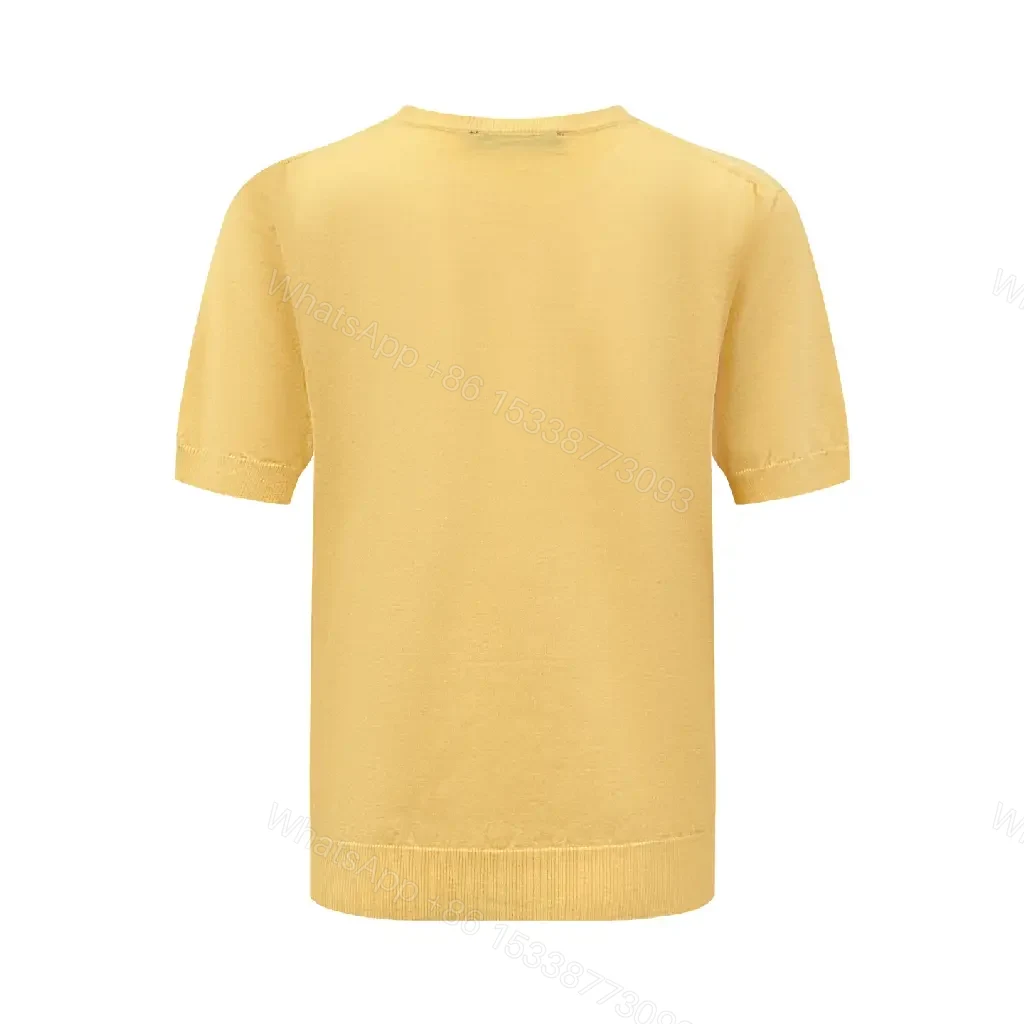 View 6 of Yellow Knit T-Shirt with Black Logo Embroidery, Minimalist Crewneck Top