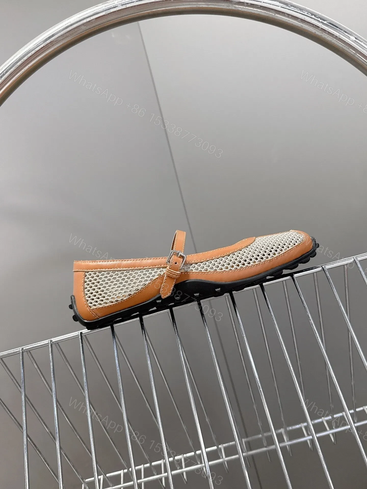 View 6 of Hermes Women Beige Leather Mesh Mary Jane Flats