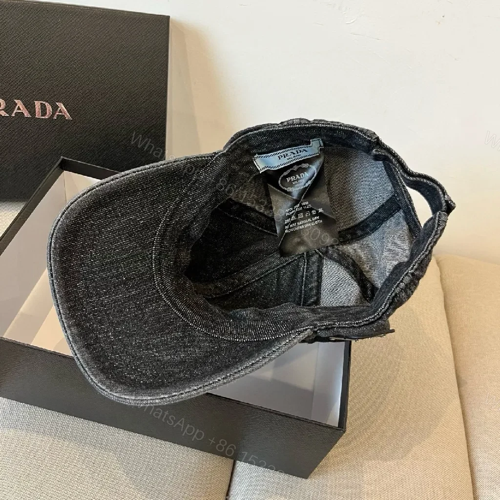 View 2 of Denim-Texture Cap with Subtle Prada Emblem, Casual Luxe Cap