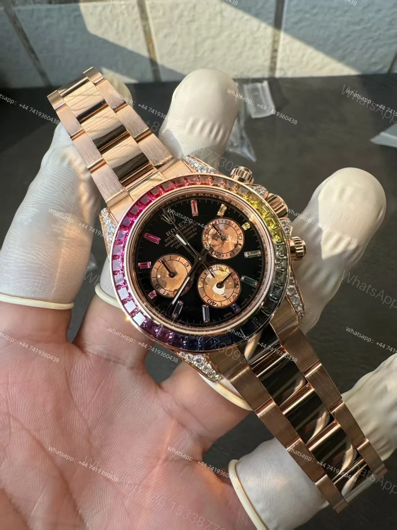 View 29 of Rolex Super Clone Rainbow Daytona 1:1 Replica Watch – 18K Rose Gold