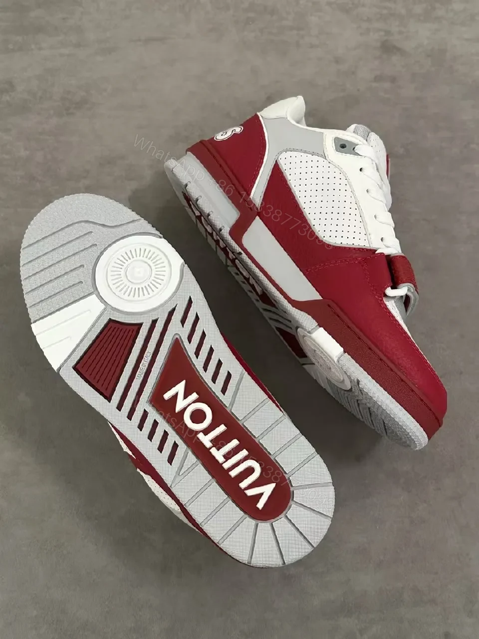 View 3 of Bold White & Burgundy Leather Trainer with LV-Style Details
