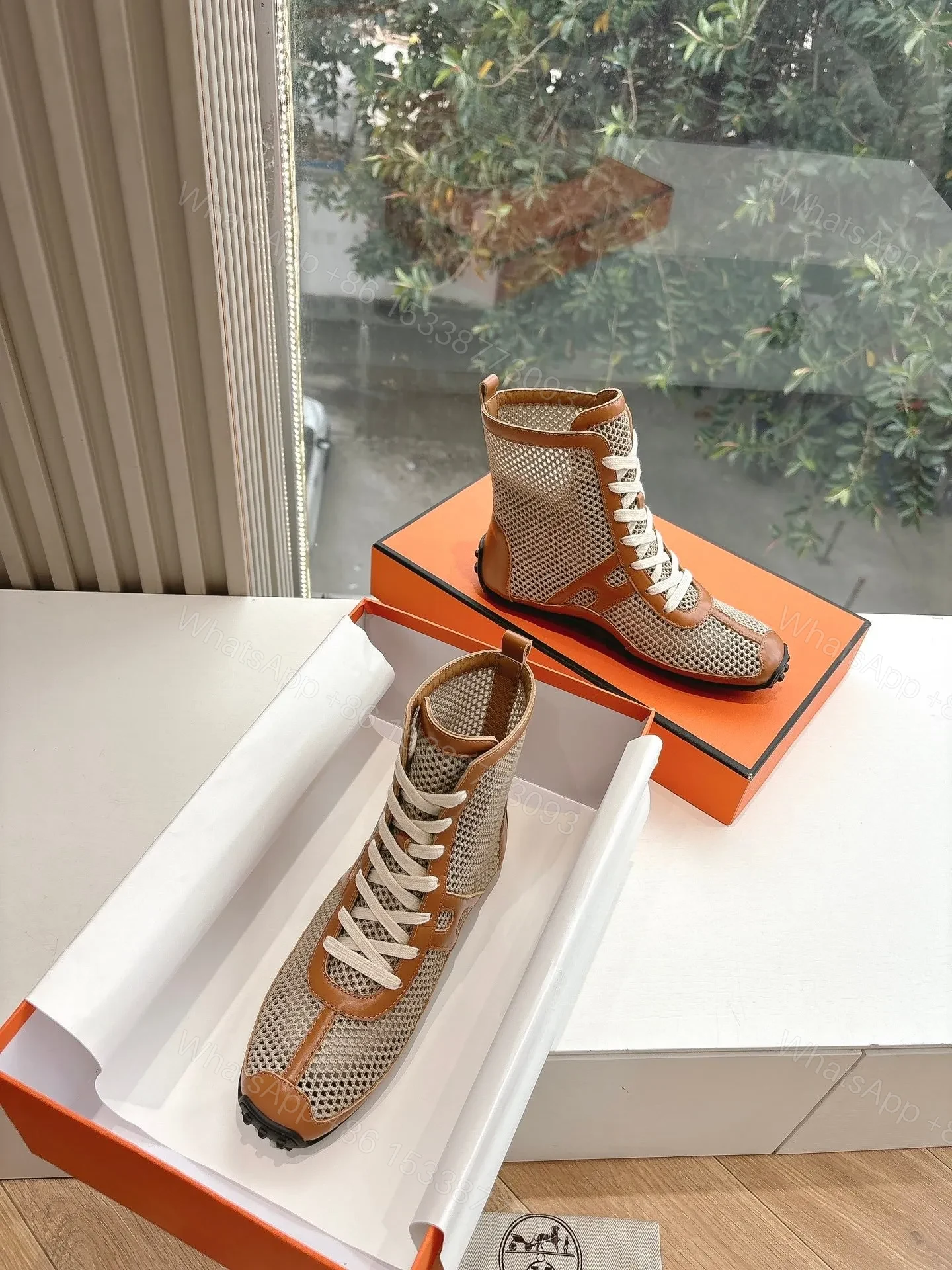 View 4 of Hermes Women Beige Mesh And Brown Leather Sneakers