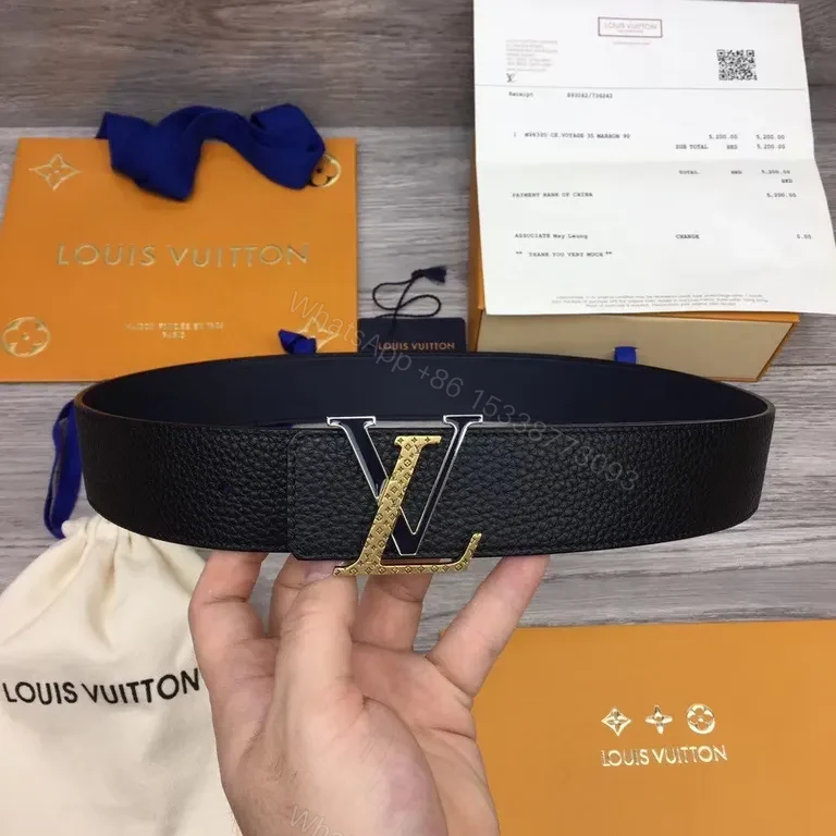 Premium Black Pebbled Leather Belt with Gold LV-Inspired Buckle — view 1