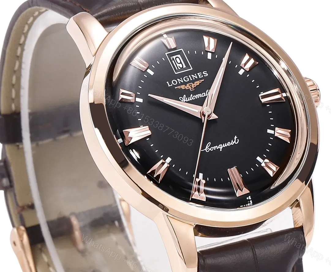 View 6 of Longines Conquest Classic Re Edition Cyclops Watch Rose Gold with Black Dial and Brown Leather Strap