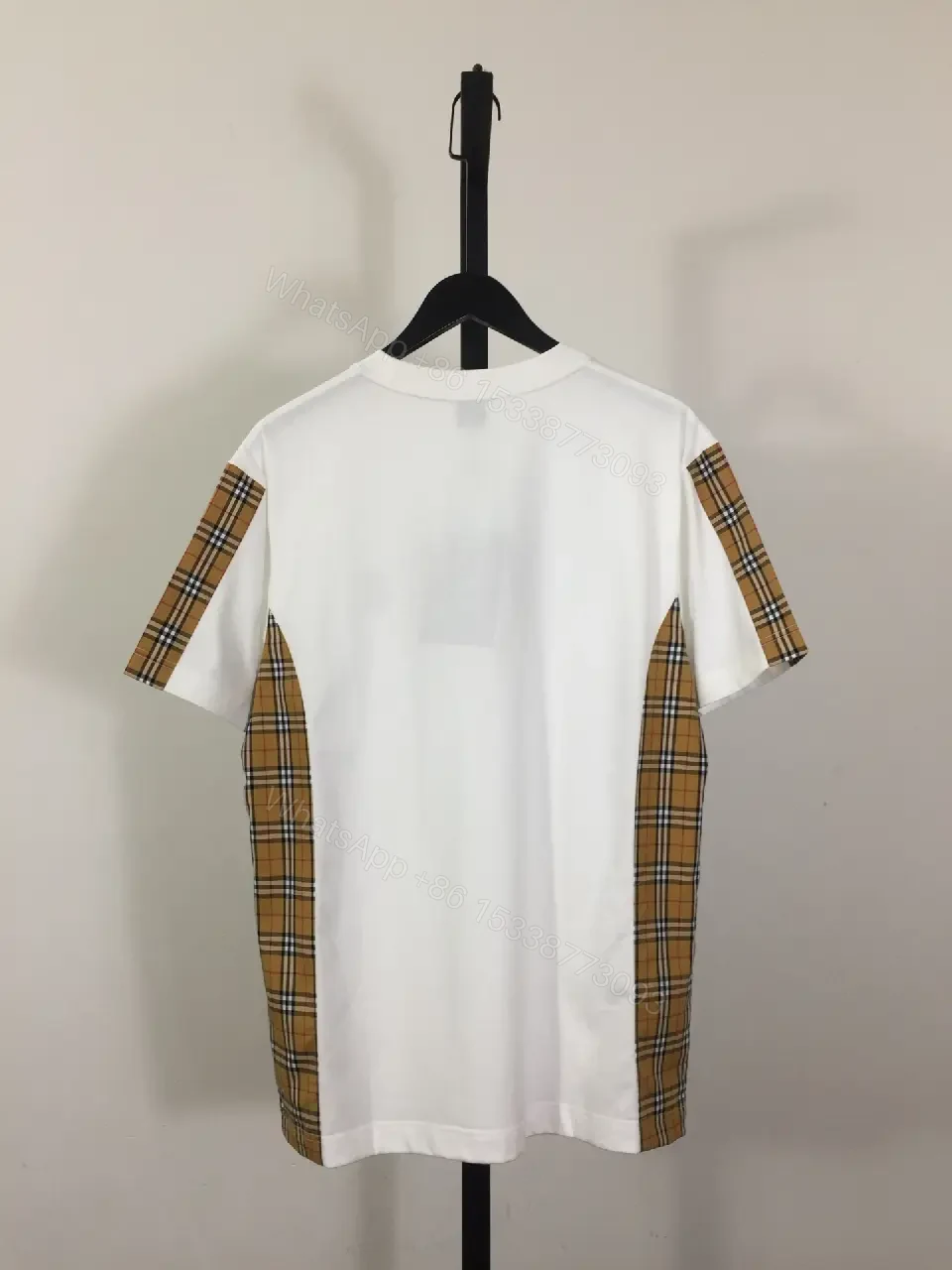 View 6 of White Cotton Tee with Plaid Paneling – Casual Luxe Comfort