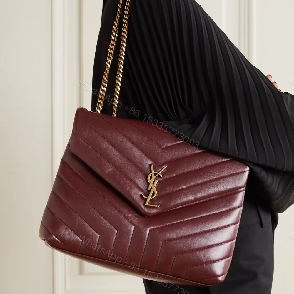 View 8 of Saint Laurent Loulou Medium Chain Bag In Matelassé Y Burgundy Gold 26Cm