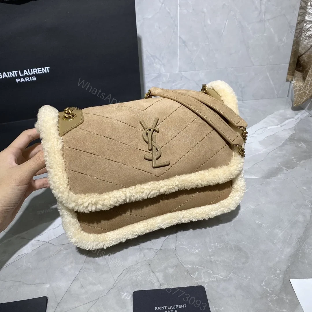 Saint Laurent Medium Niki Shoulder Bag in Tan/Cream Nubuck and Shearling Brown Beige — view 1
