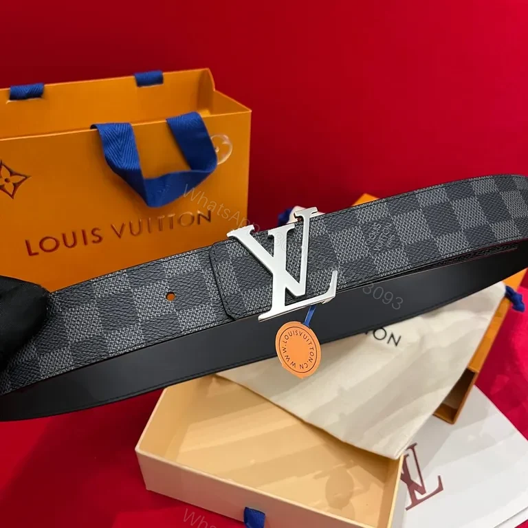 View 5 of Chic LV-Pattern Leather Belt with Signature Buckle