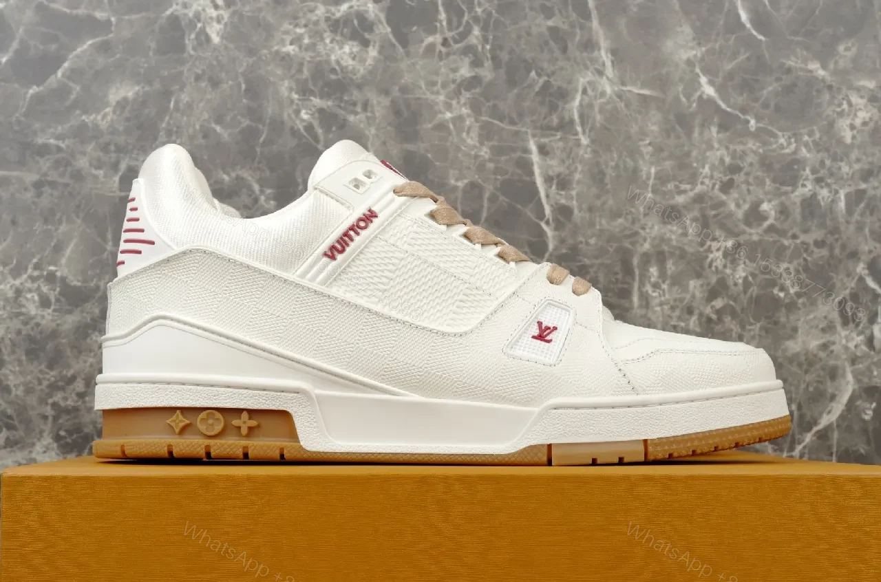 View 4 of Premium White Trail Runner – Beige Accents, Leather-Synthetic, Low-Profile, Discreet LV Details, Men’s Sneakers