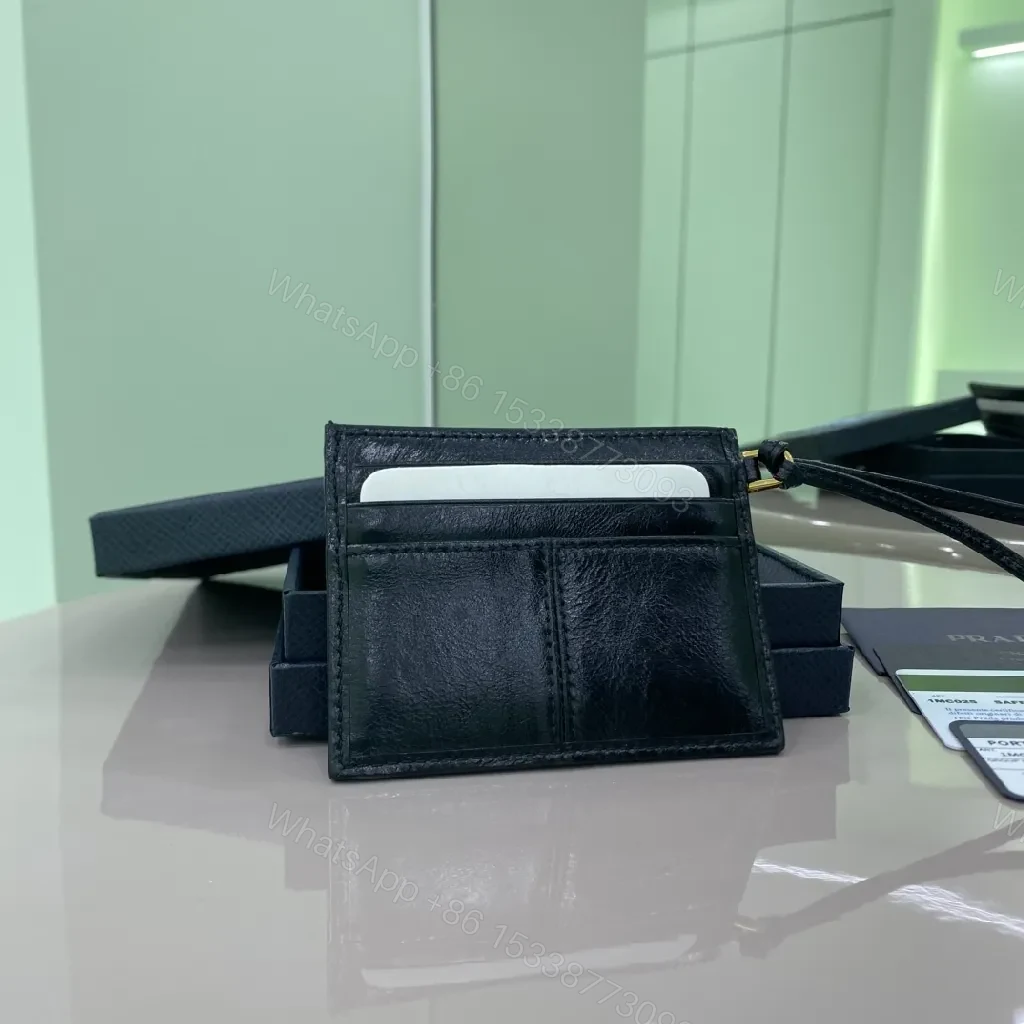 View 7 of Black Leather Compact Cardholder, Gold Logo, Minimalist, Central Bill Compartment, Cardholder