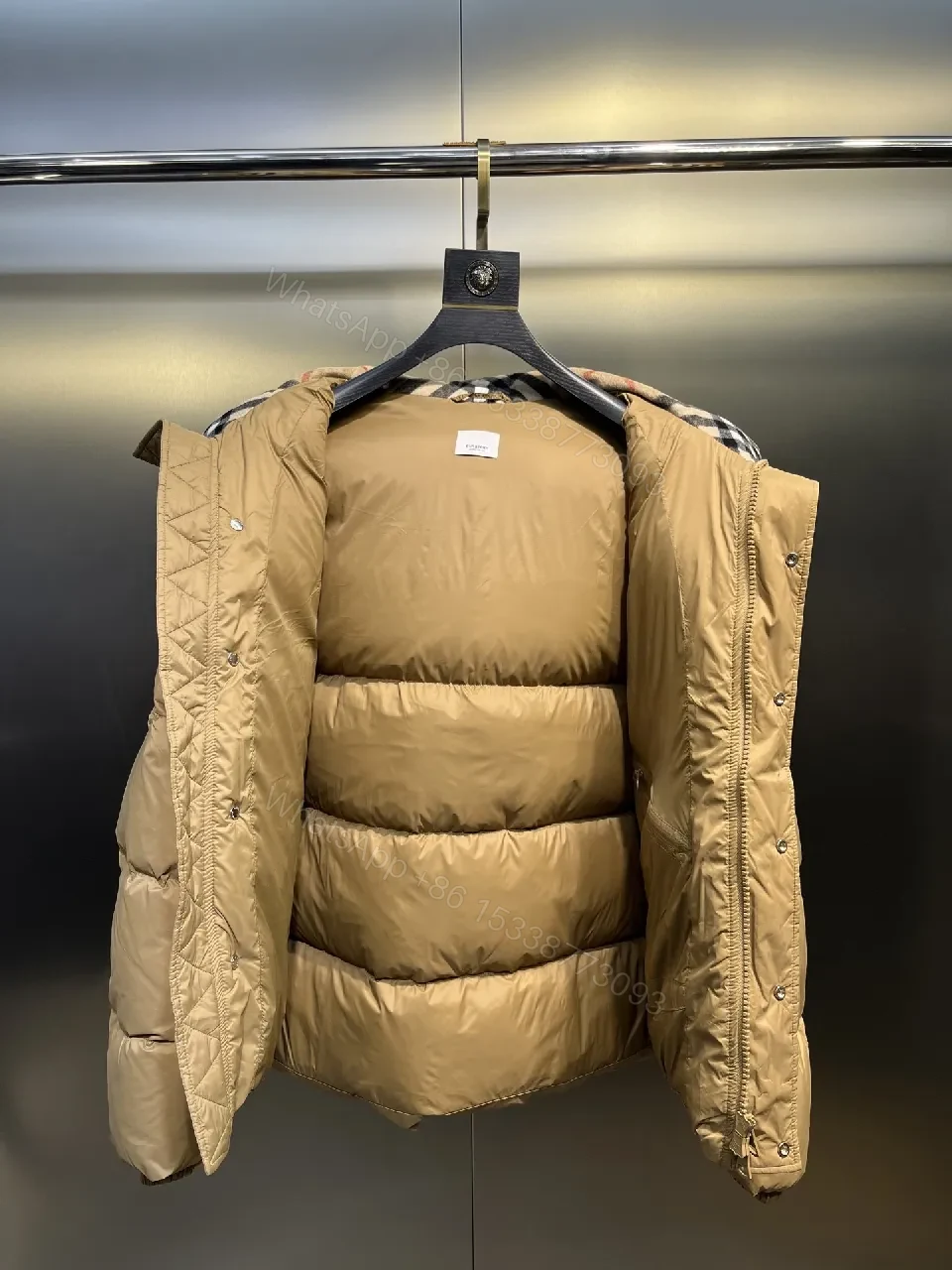 View 6 of Camel Quilted Puffer Jacket: Insulated, Plaid-Lined Luxury Coat