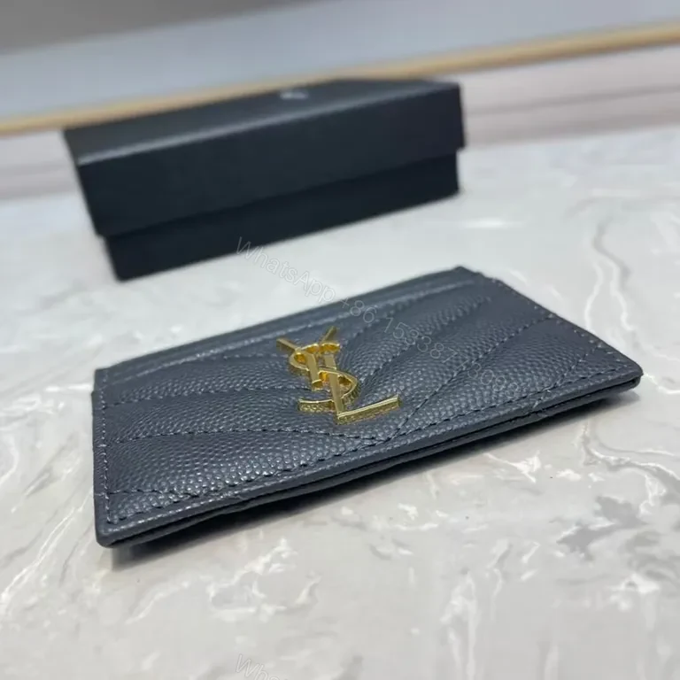 View 3 of Chic Leather Chevron Cardholder with Gold YSL Logo