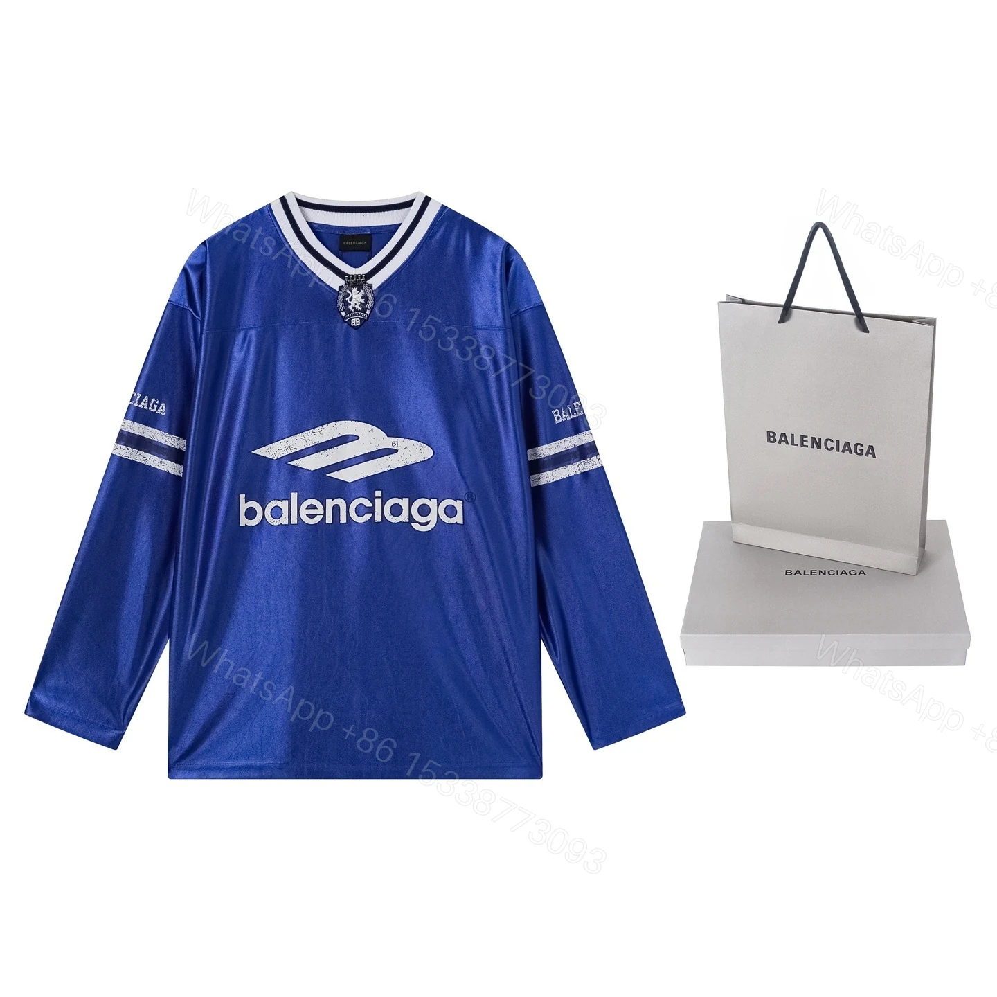 Balenciaga Clothes 3B Silhouette Ribbed V-Neck Printed Long-Sleeve T-Shirt Black/Blue/Gray — view 2