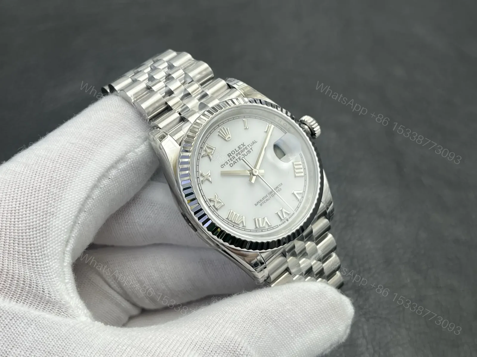 View 4 of Rolex Datejust 36 Stainless Steel Fluted Jubilee White Roman 116234-0089