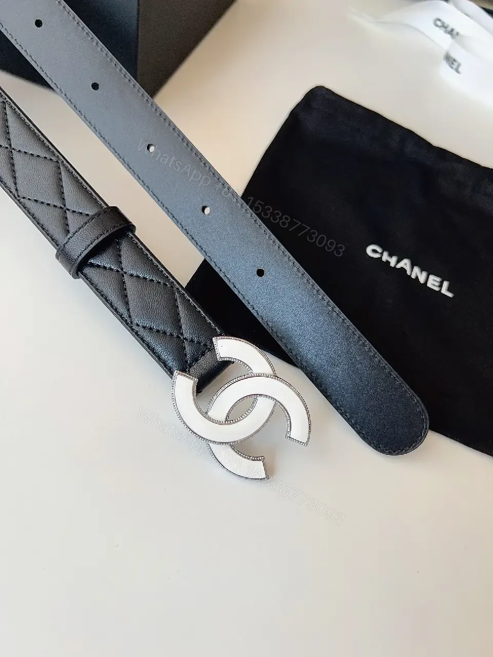 View 5 of Quilted Leather Belt, Double Buckle, Black, Minimal Luxury