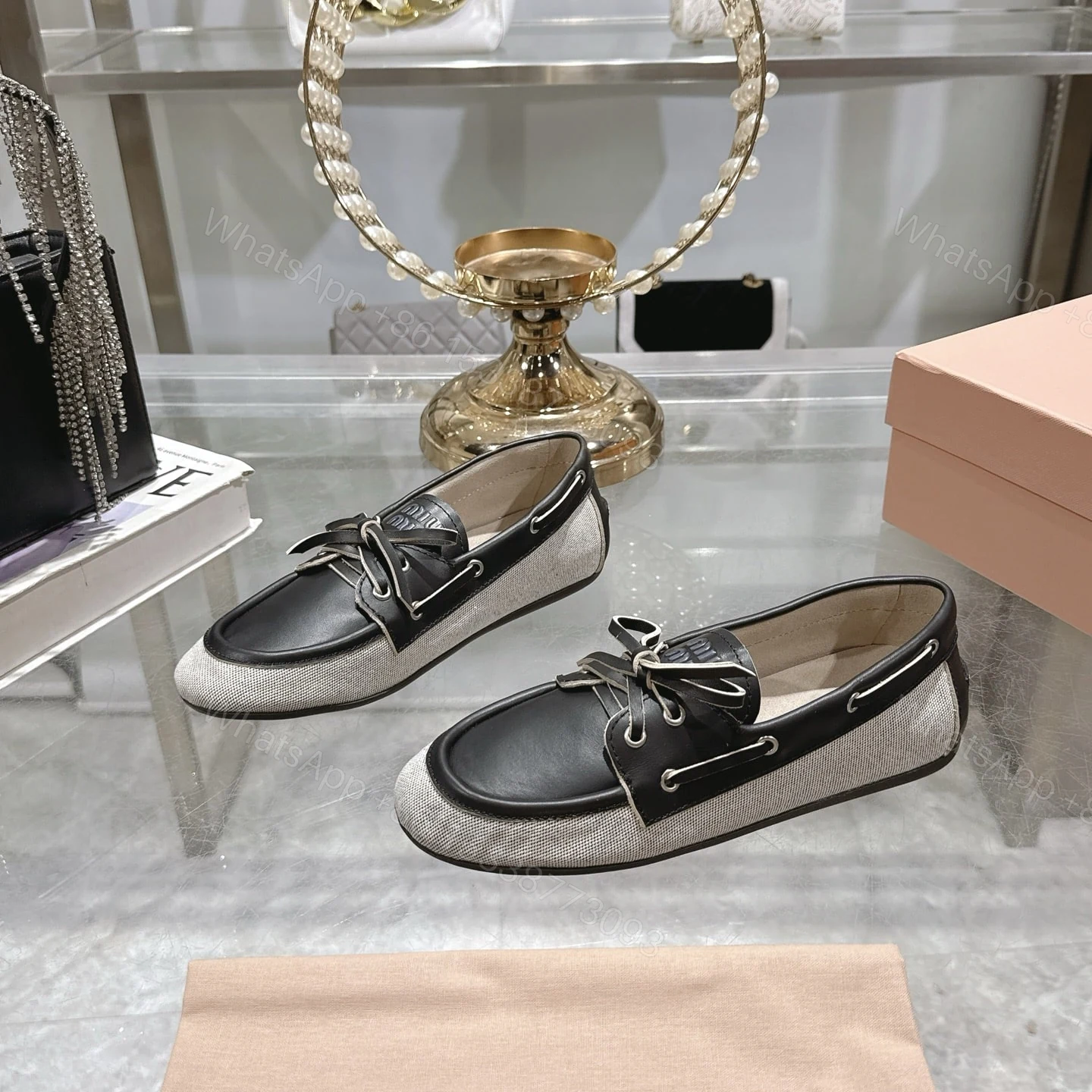 View 2 of MIUMIU CANVAS AND BLEACHED BOAT SHOES BLACK