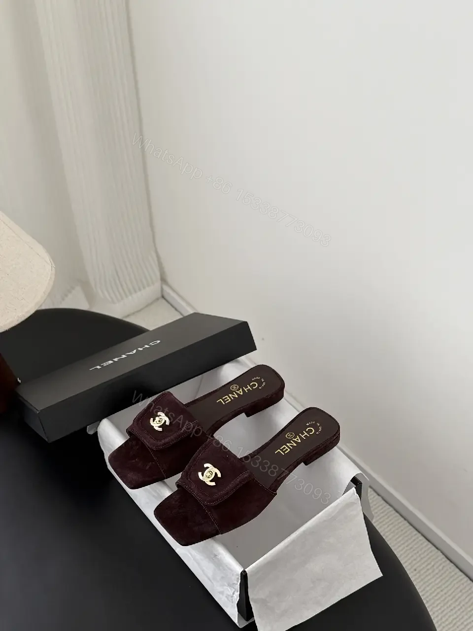 View 8 of Suede Mules with Gold Logo Hardware — Burgundy, Square-Toe, Cushioned Comfort