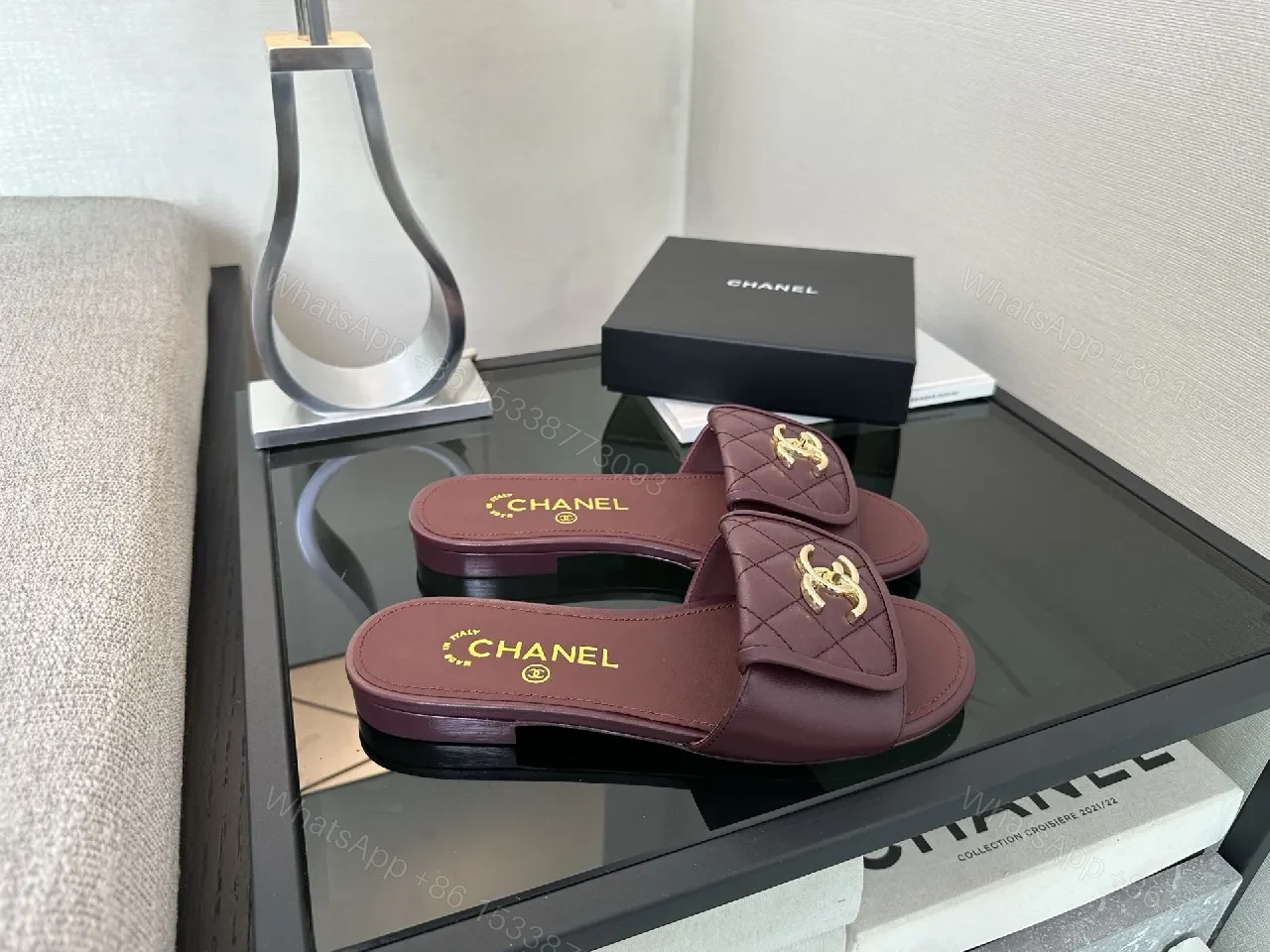 View 3 of Rich Burgundy Quilted Slip-Ons with Gold Emblem