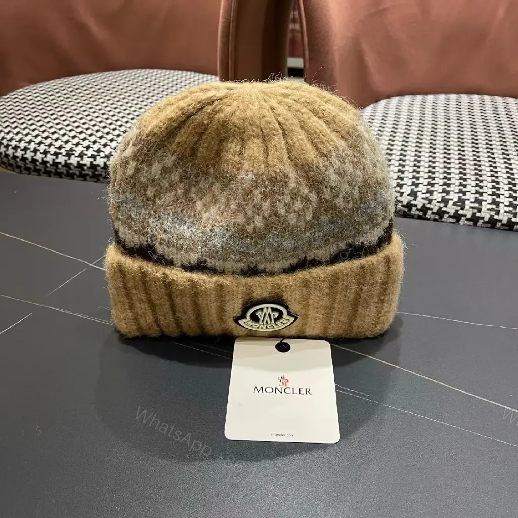 View 4 of Chunky Knit Beanie – Textured Camel Knit, Moncler-Inspired Patch, Luxury Warmth