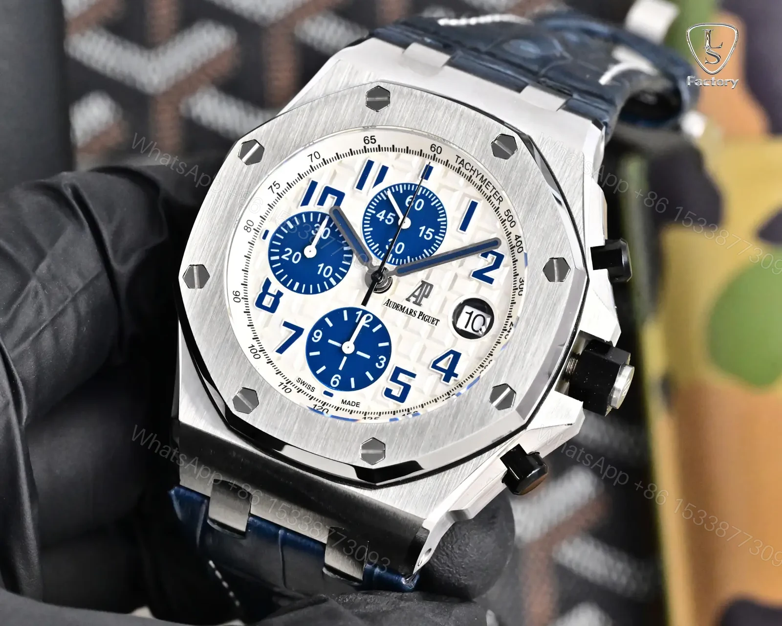 View 3 of Audemars Piguet Royal Oak Offshore 26470 Watch 42MM Stainless Steel Case White Dial Blue Leather Strap Ultimate Edition AP-ROO-26470-SS-WHT-BLU-42