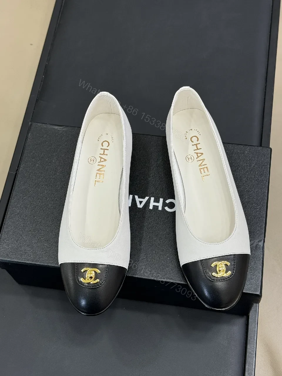 View 4 of White & Black Ballet Flats | Gold-Emblem Flat Shoes, Minimalist Luxe