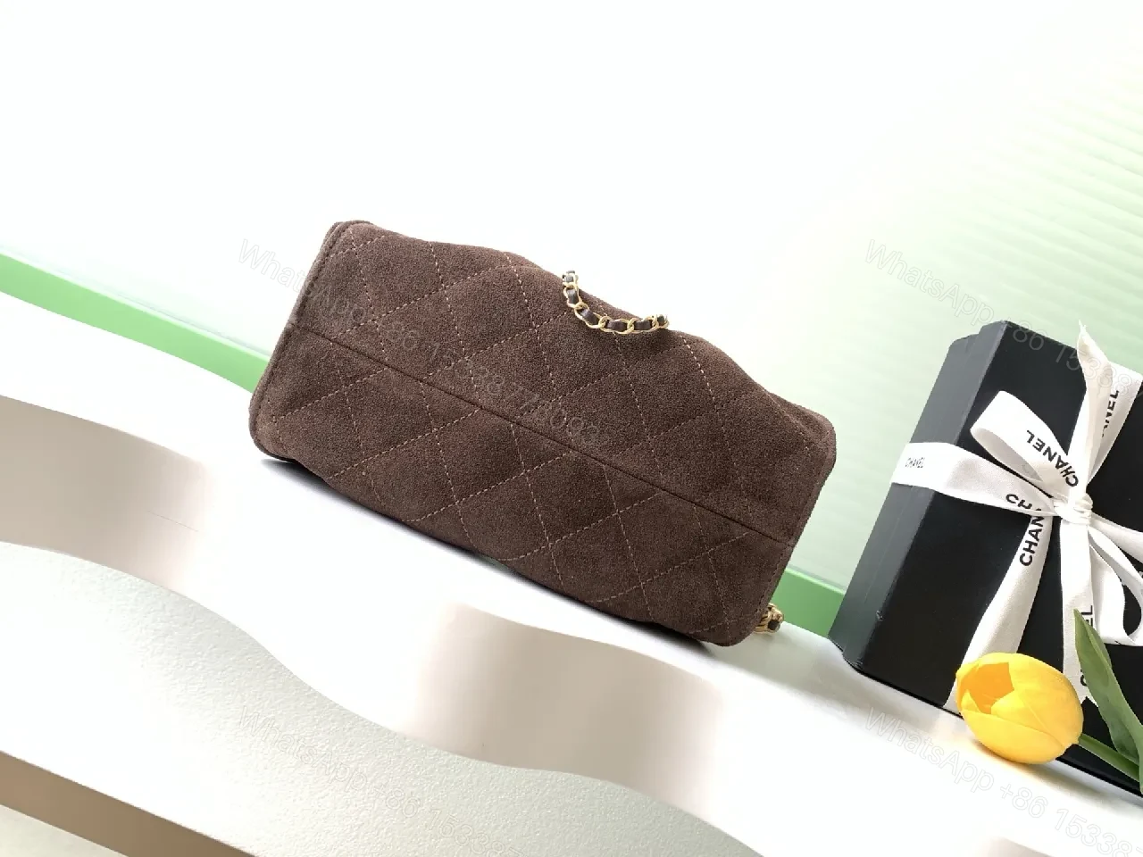 View 3 of Brown Velvet Quilted Shoulder Bag with Gold Chain
