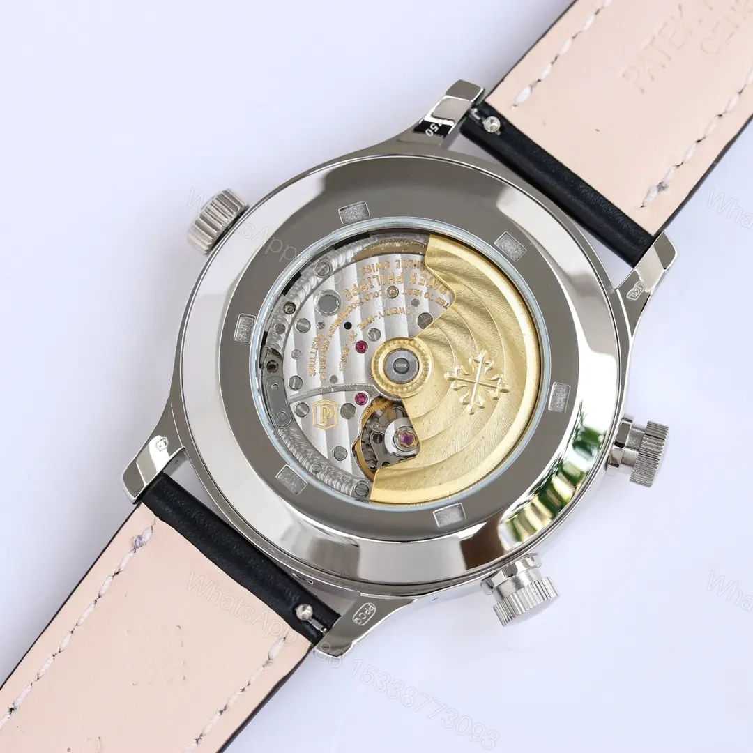 View 8 of Patek Philippe Calatrava Pilot Travel Time Watch Dual Time Zone Rose Gold Coffee/Deep Blue Dial 42mm Stainless Steel Case Blue Leather Strap