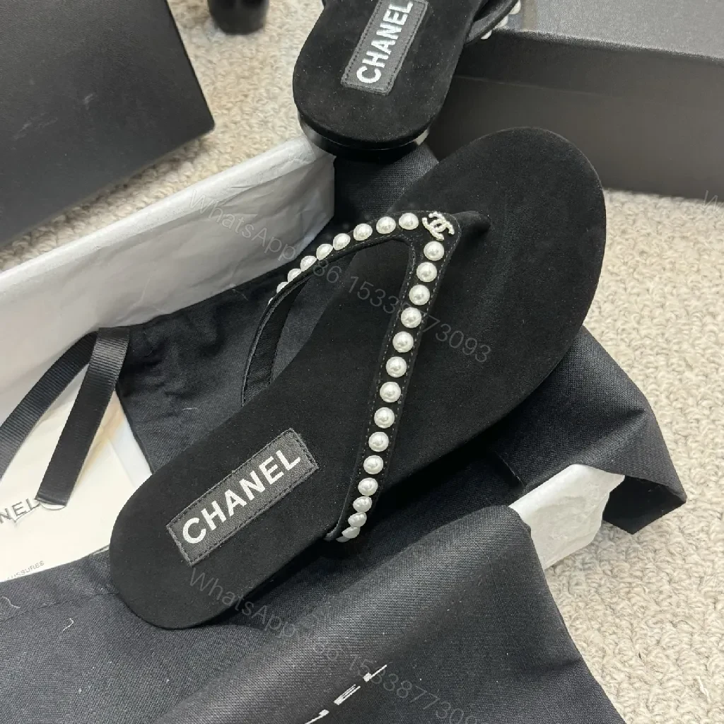 View 3 of Velvet Pearl-Trim Slides: Luxe Comfort, Subtle Sparkle