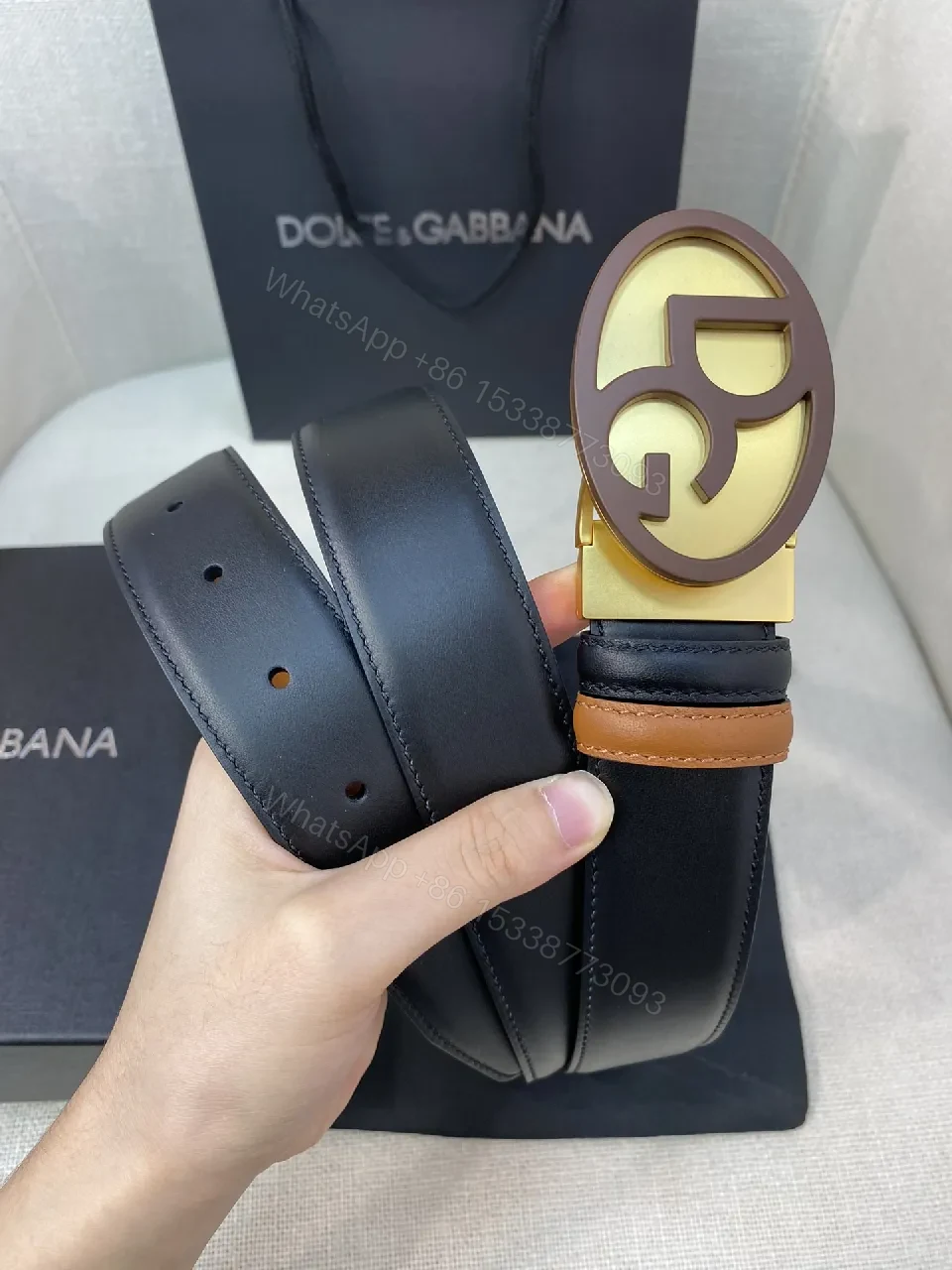View 5 of Chic Italy Leather Belt with Bold Gold Logo Detail