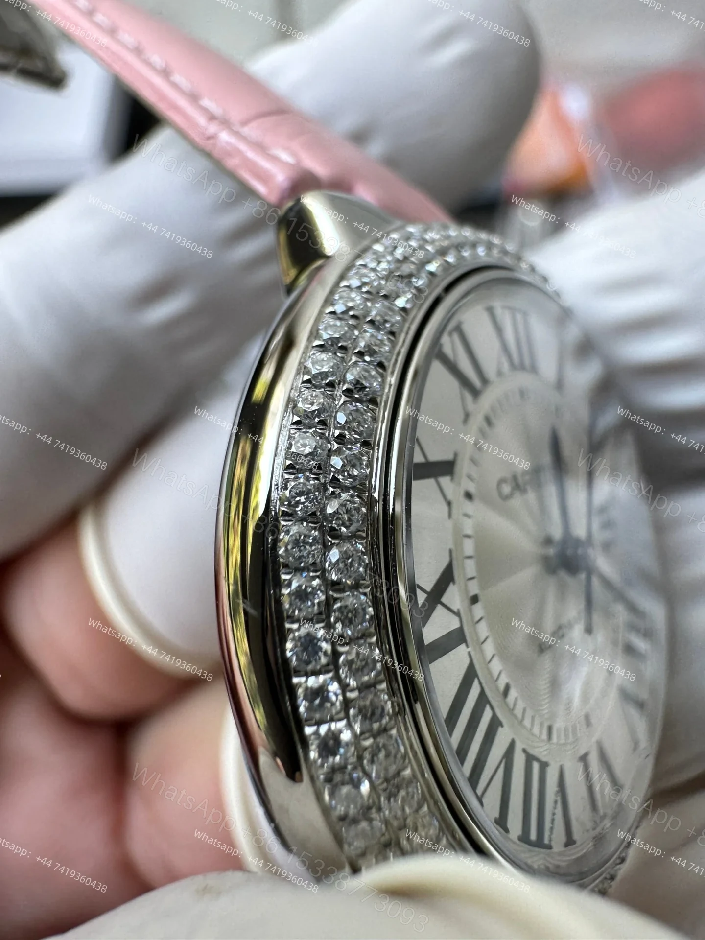 View 8 of Cartier Super Clone Ballon Bleu Diamond Bezel 33MM Pink Leather Strap