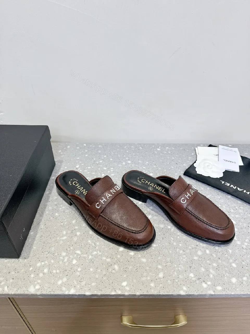 View 7 of Brown Leather Mules + CHANEL Strap + Minimalist Couture + Memory-Foam Comfort + Mules