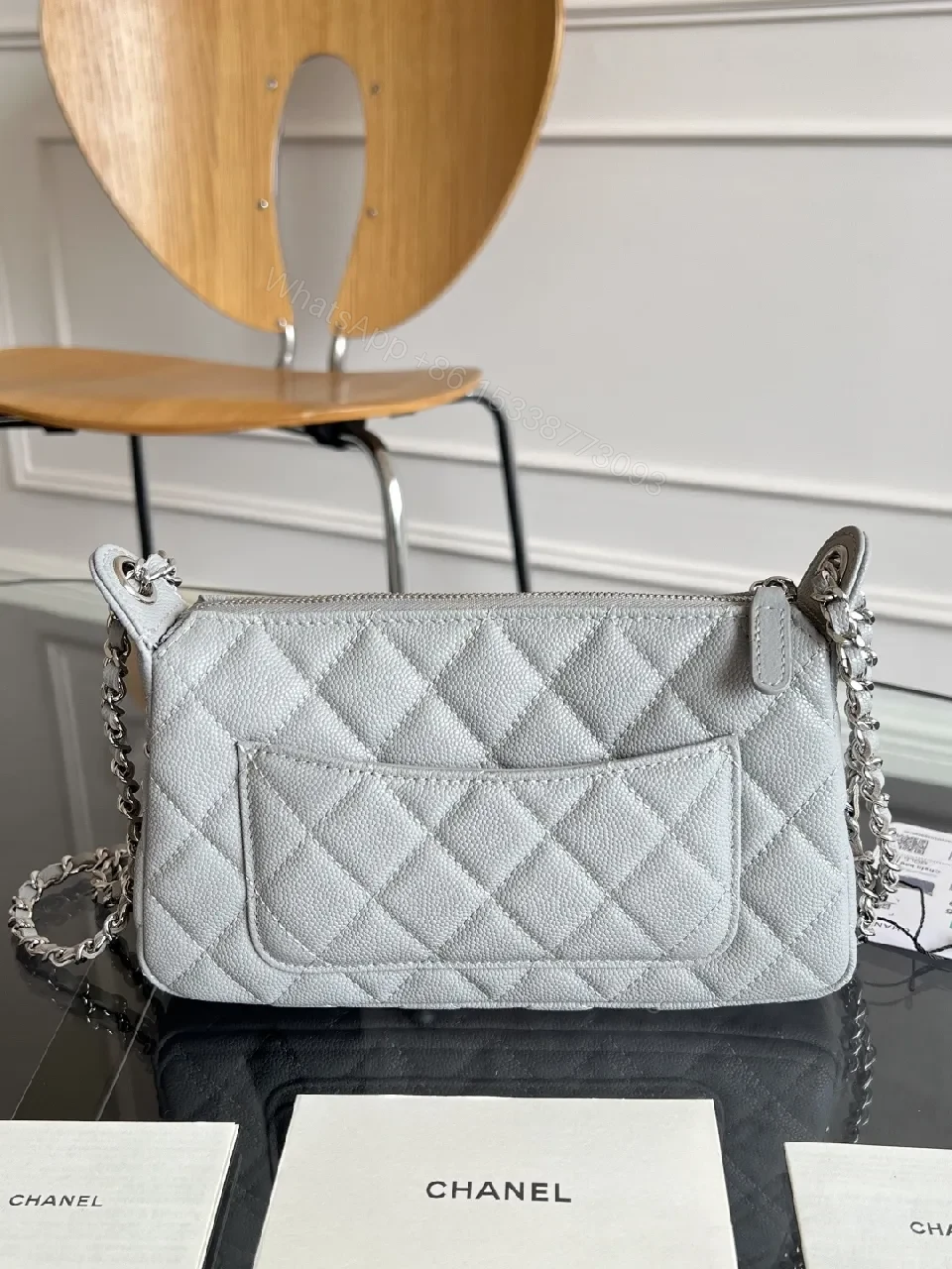 View 9 of Quilted Grey & Pink Mini Bag Set: Double-C Hardware, Chain Strap