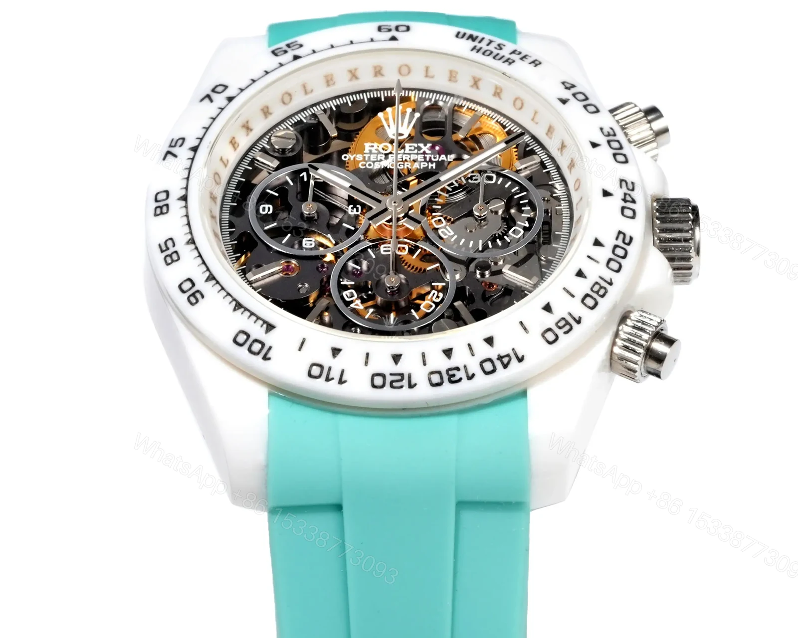 View 4 of Rolex Daytona Abu Dhabi Skeleton replica 40MM Turquoise Rubber Strap Edition RG-DAYTONA-ABU-DHABI-SKELETON-TURQUOISE-40
