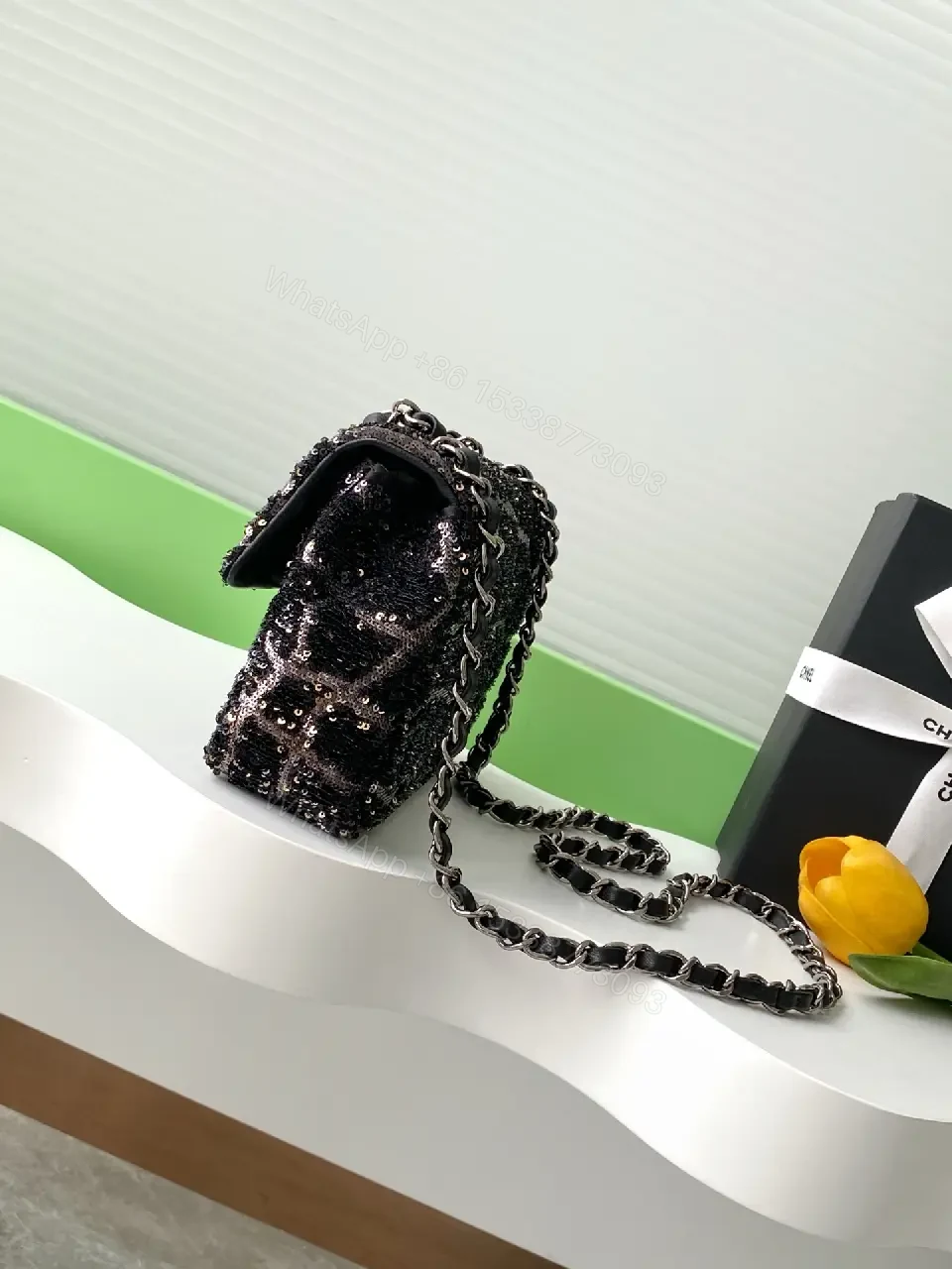 View 7 of Black Tweed Quilted Flap Bag with Silver Chain Strap