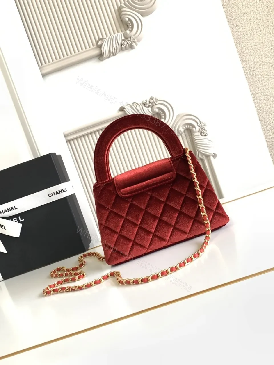 View 5 of Rich Velvet Quilted Mini Bag with Gold Logo