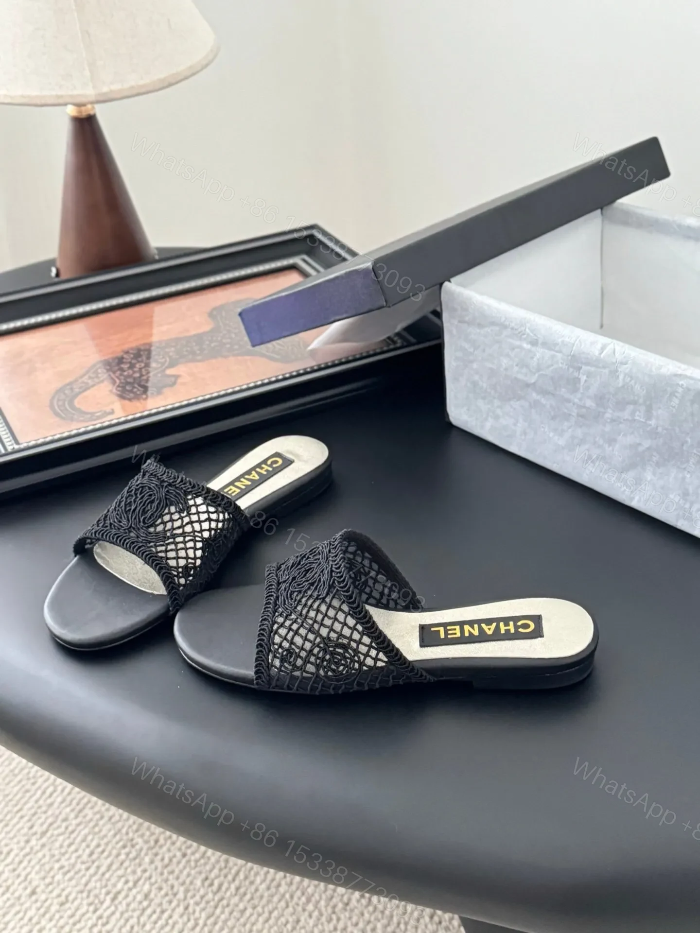 View 2 of Chanel Women Black Mesh Slide Sandals