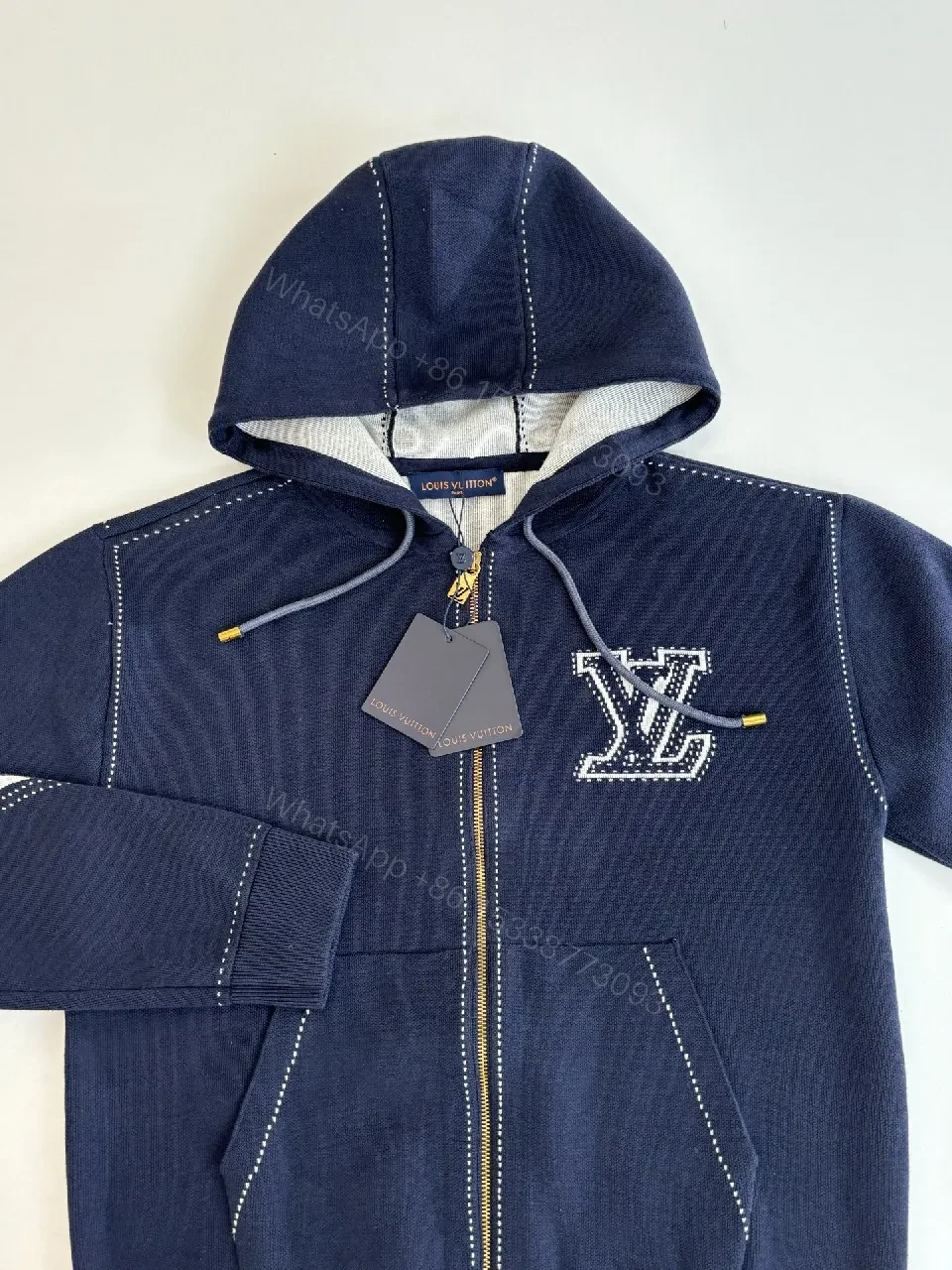 View 7 of Navy Corduroy Zip Hoodie with Luxury Logo Accent