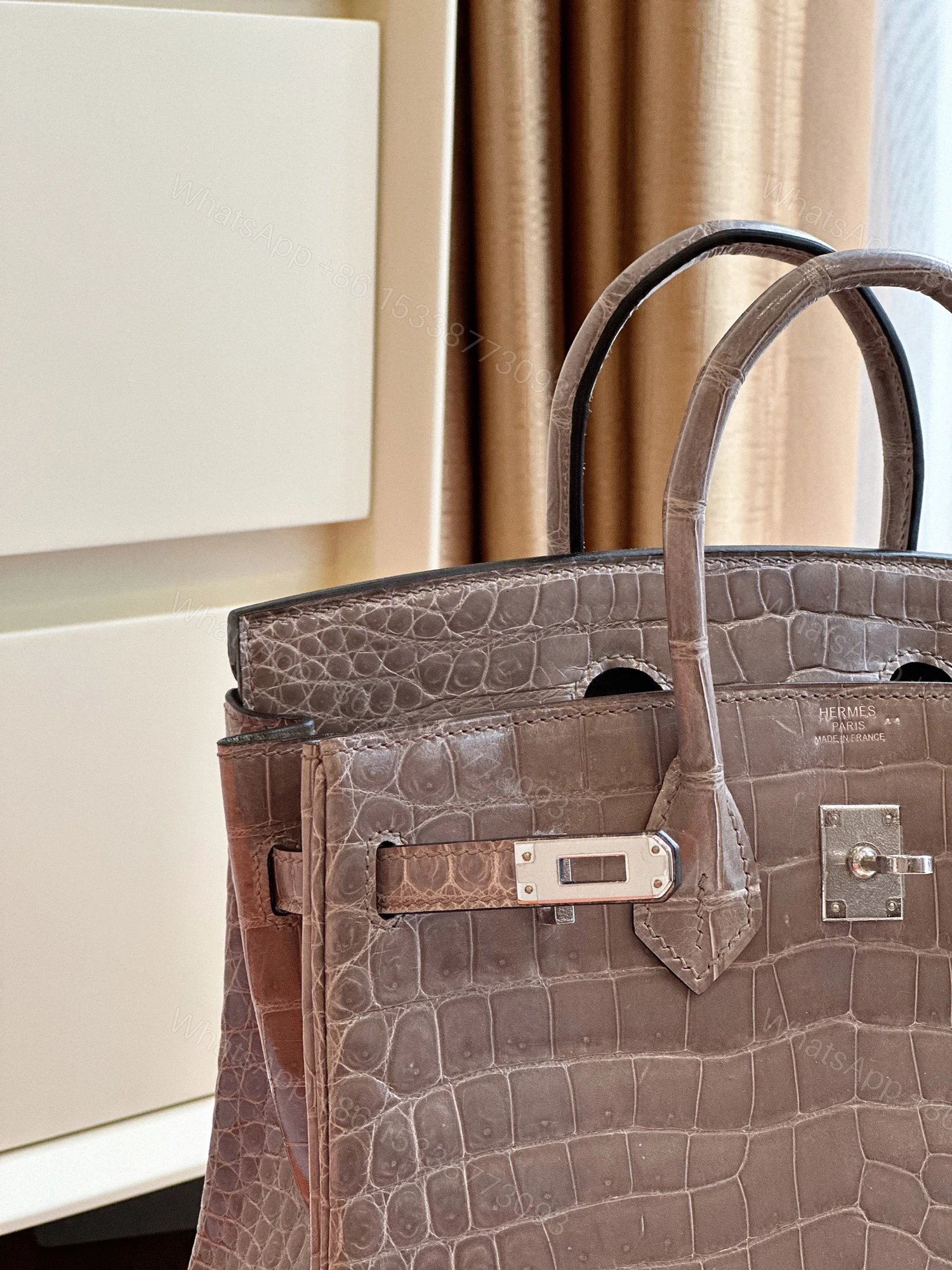View 3 of Hermes Etoupe Birkin 25 Porosus Genuine Crocodile Leather Palladium Hardware