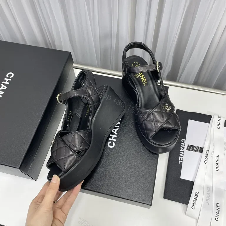 View 7 of Chanel-Inspired Quilted Platform Sandals â€“ Black, Gold Hardware