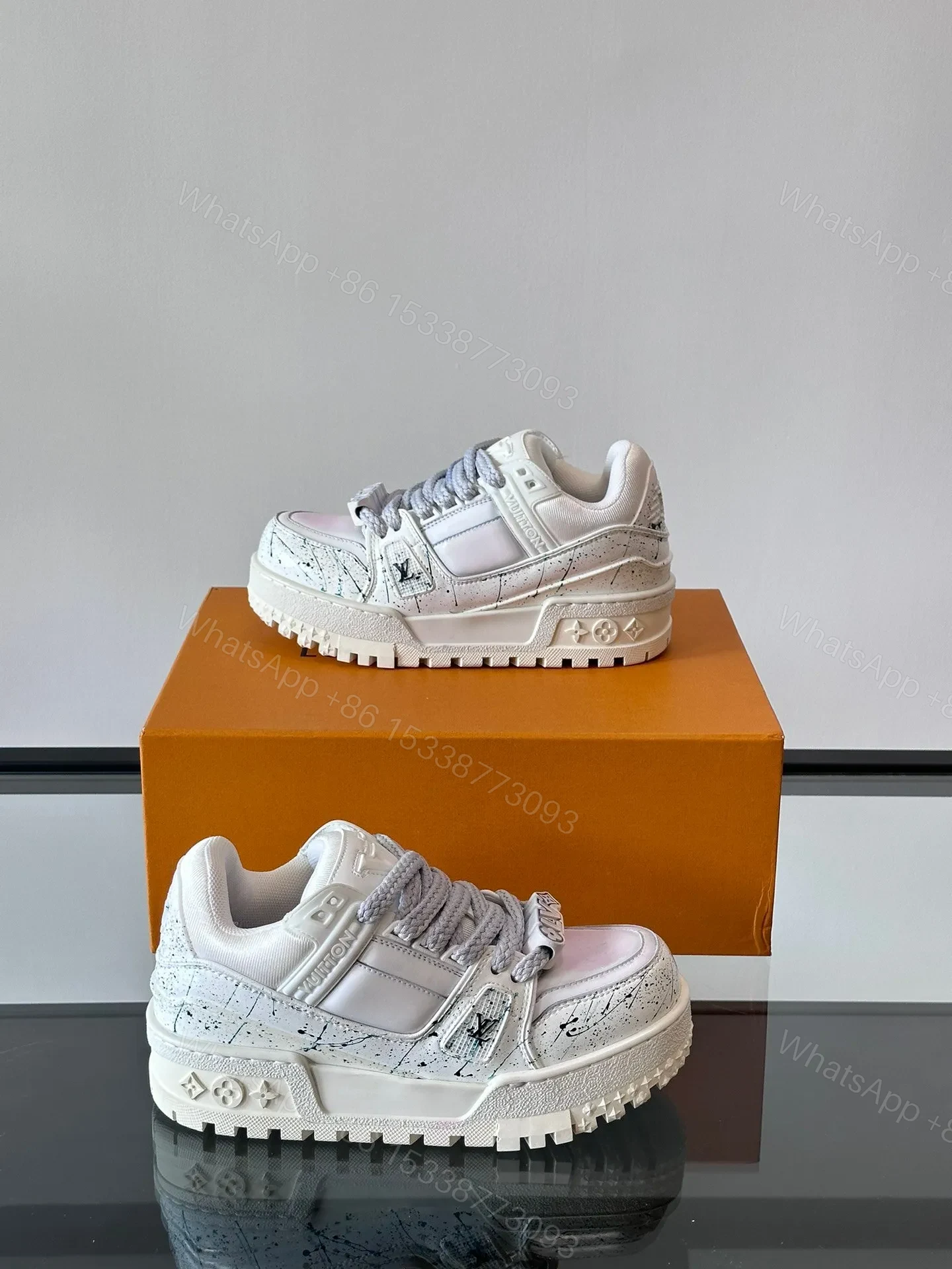 View 4 of LV Men White Leather Sneakers With Black Splatter