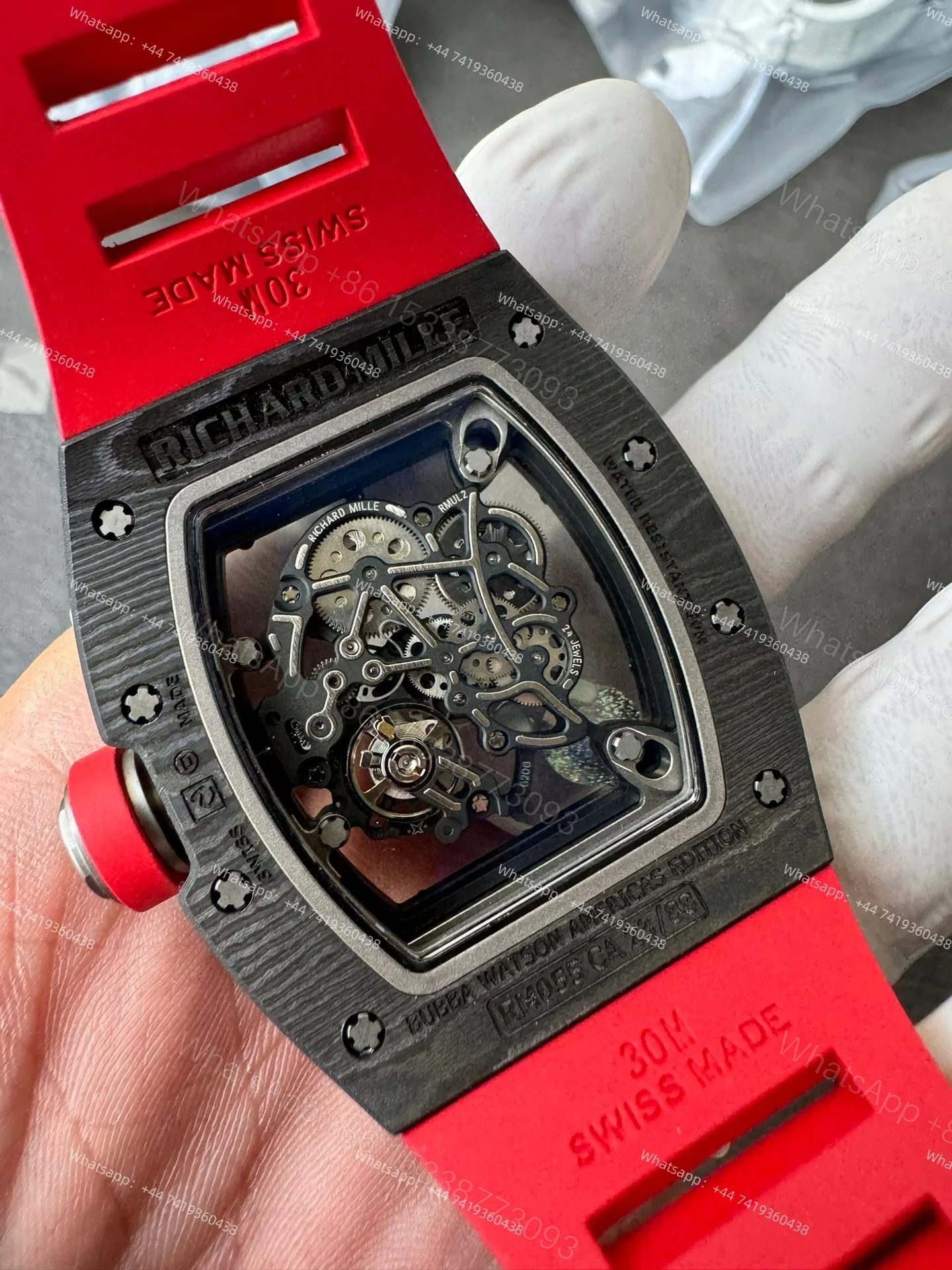 View 8 of Super Clone Richard Mille RM 055 Carbon TPT Red Rubber Strap 1:1 Replica Watch