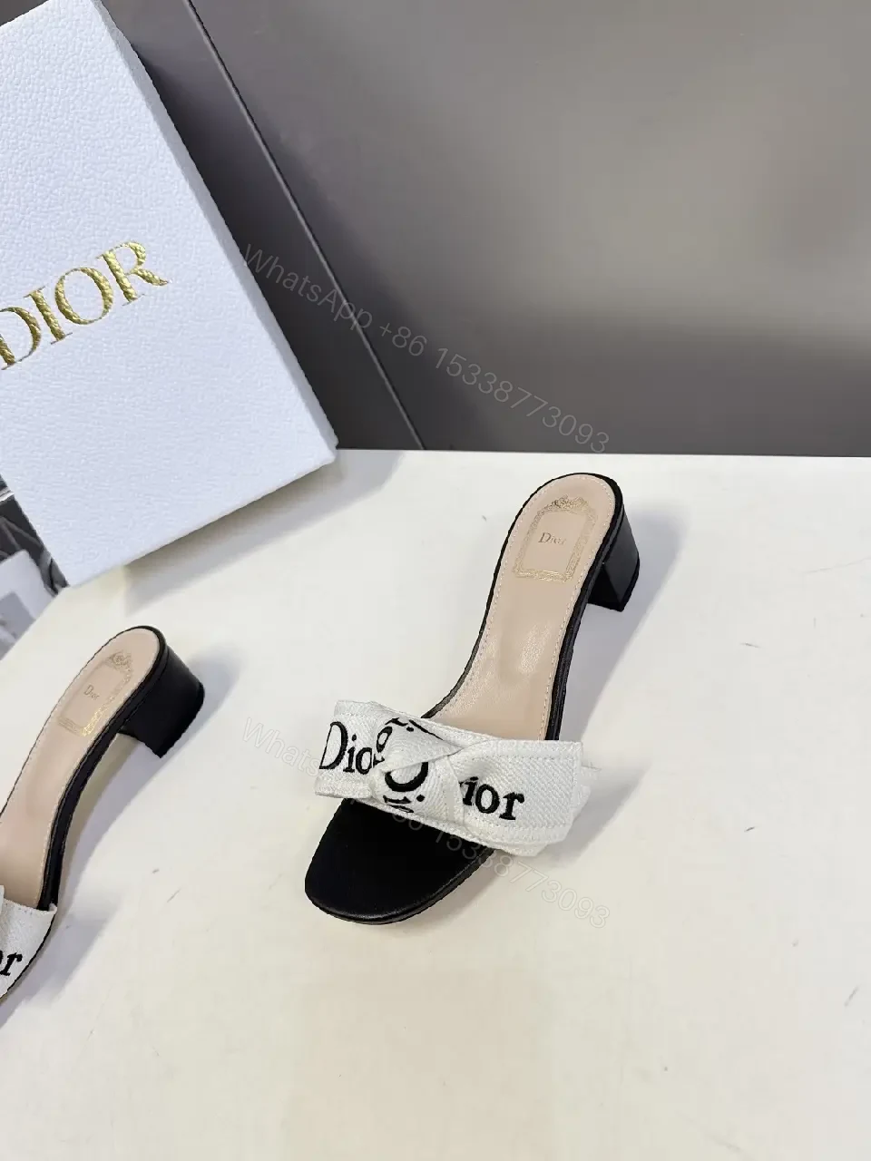 View 5 of White Metalized Bow Dior-Logo Canvas Sandals