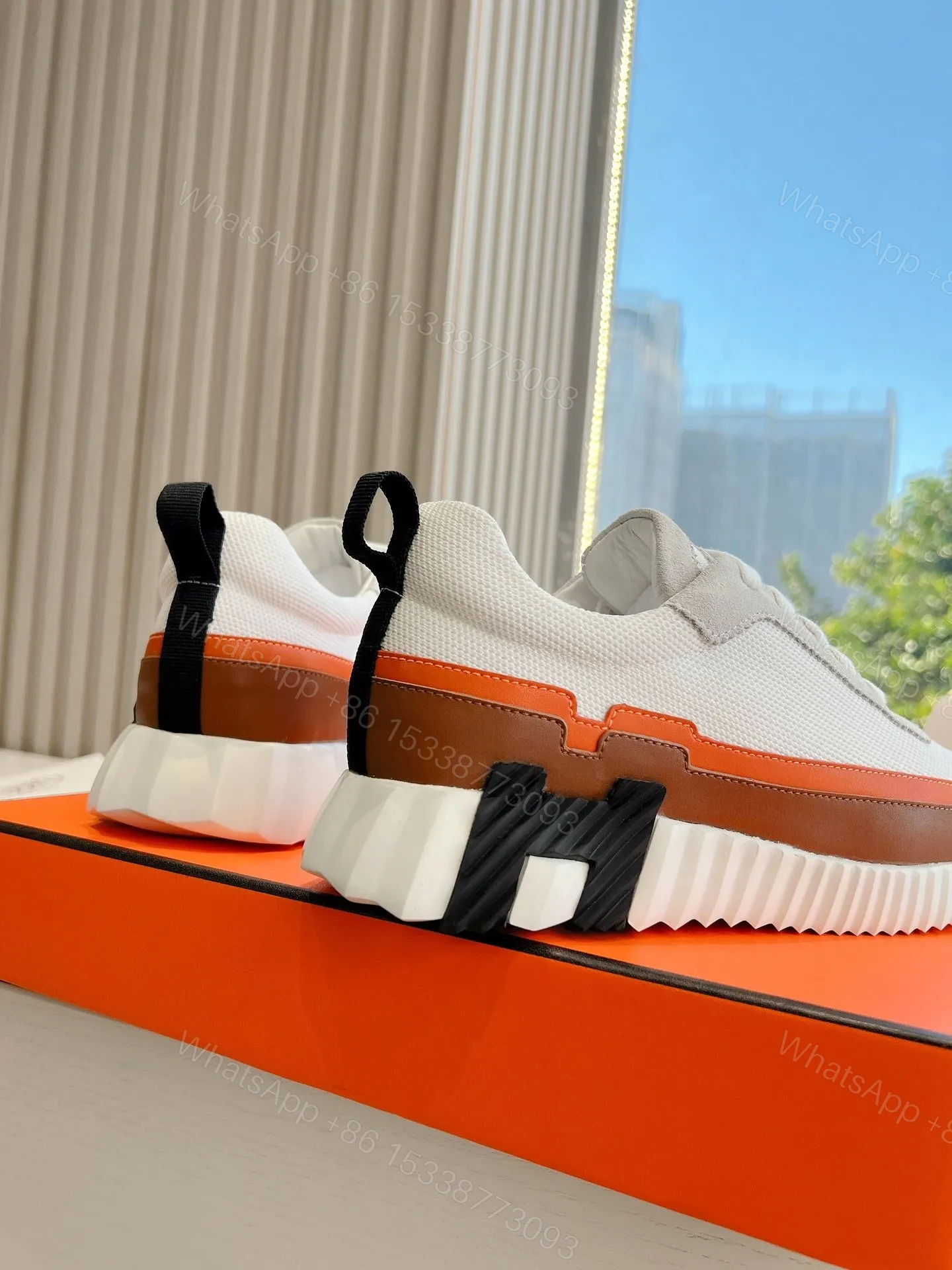 View 6 of Hermes Women White Brown Leather Mesh Sneakers