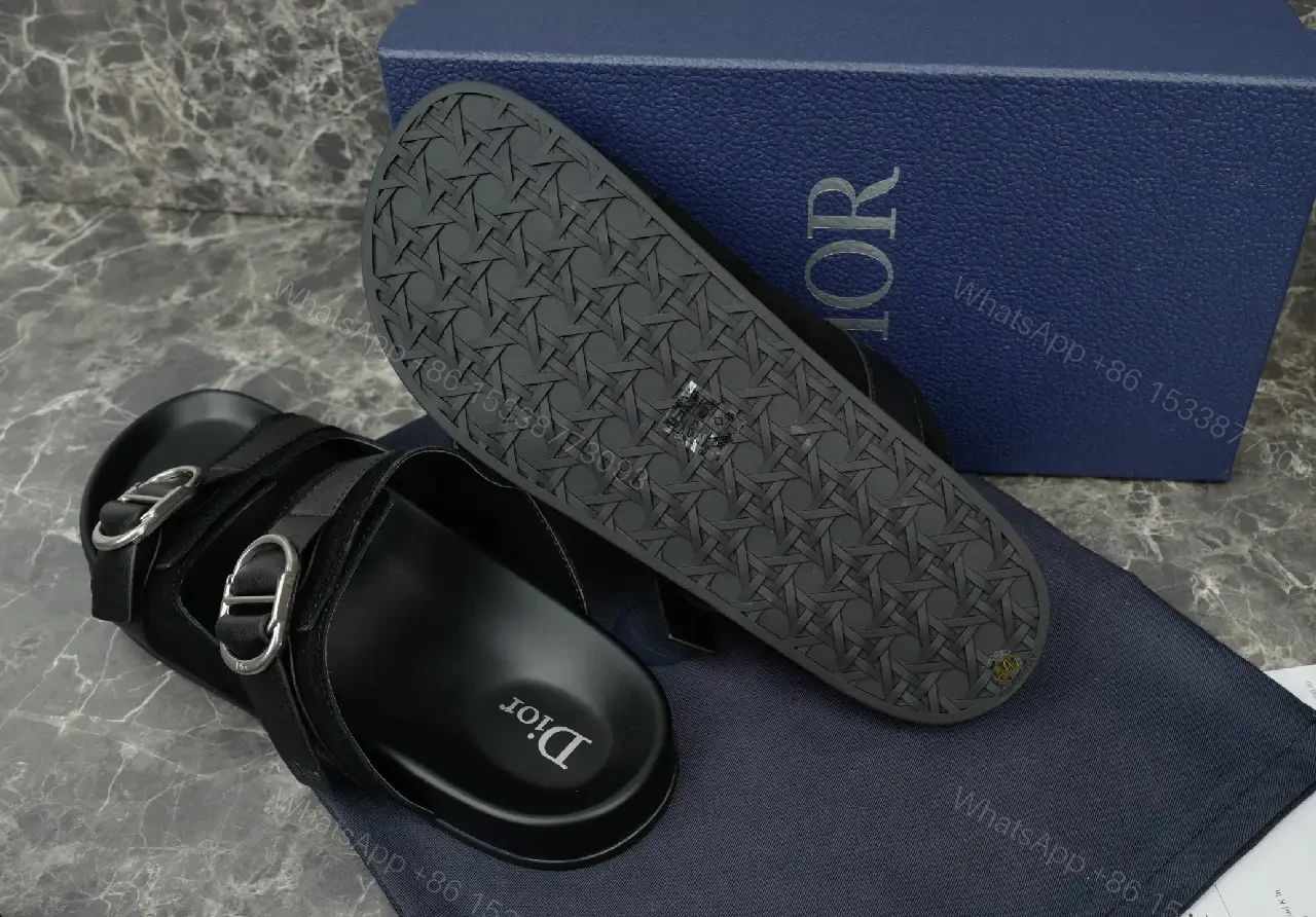 View 7 of Black Leather Double-Buckle Sandals, Dior Style, Slide Sandal