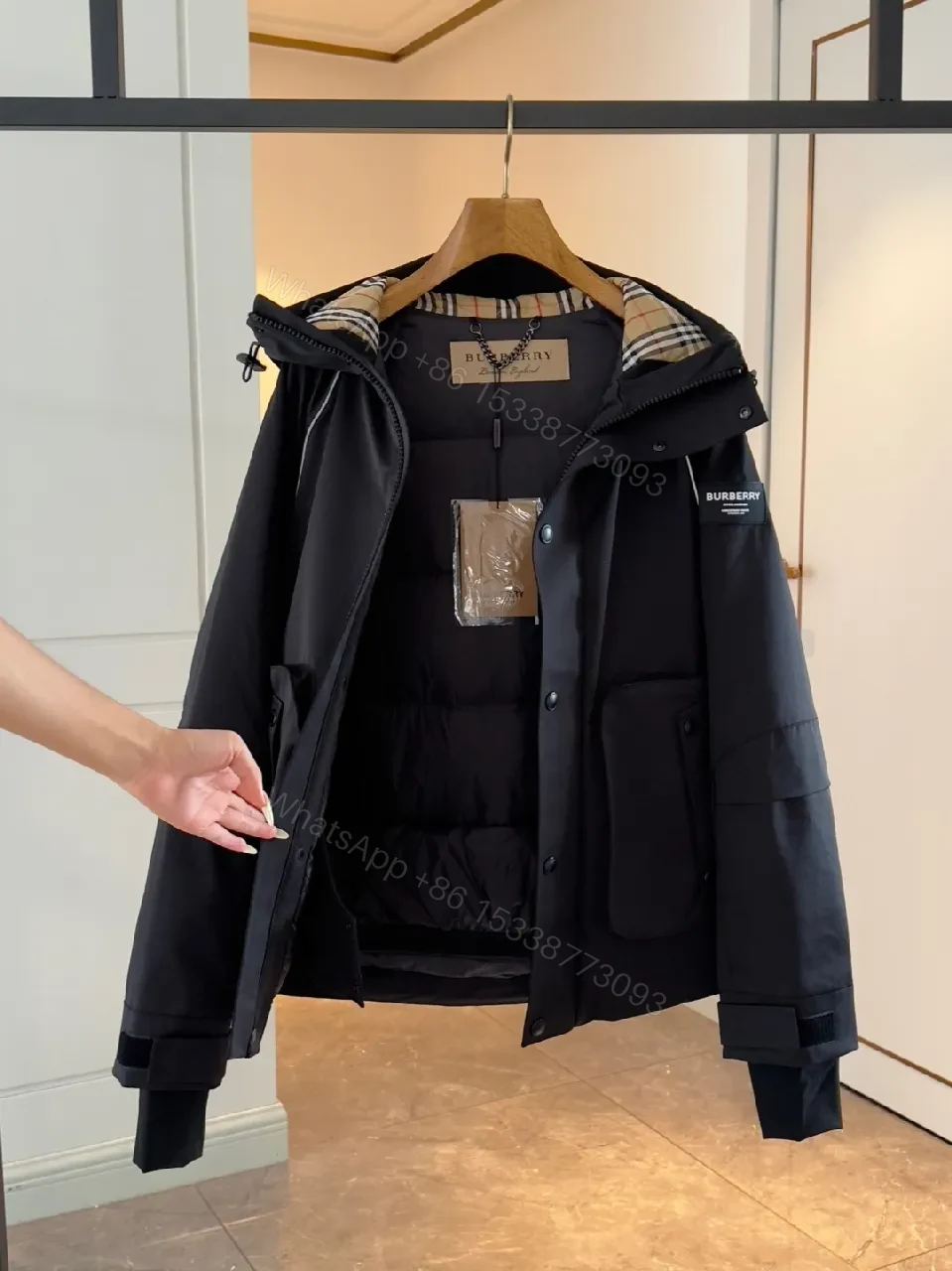 View 8 of Water-Resistant Black Parka with Plaid Lining Luxury-Utility Coat