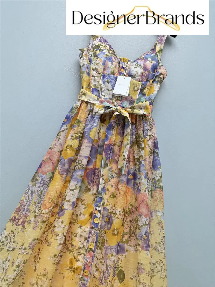 View 5 of Zimmermann Tama Printed Linen-Blend Belted Midi Dress