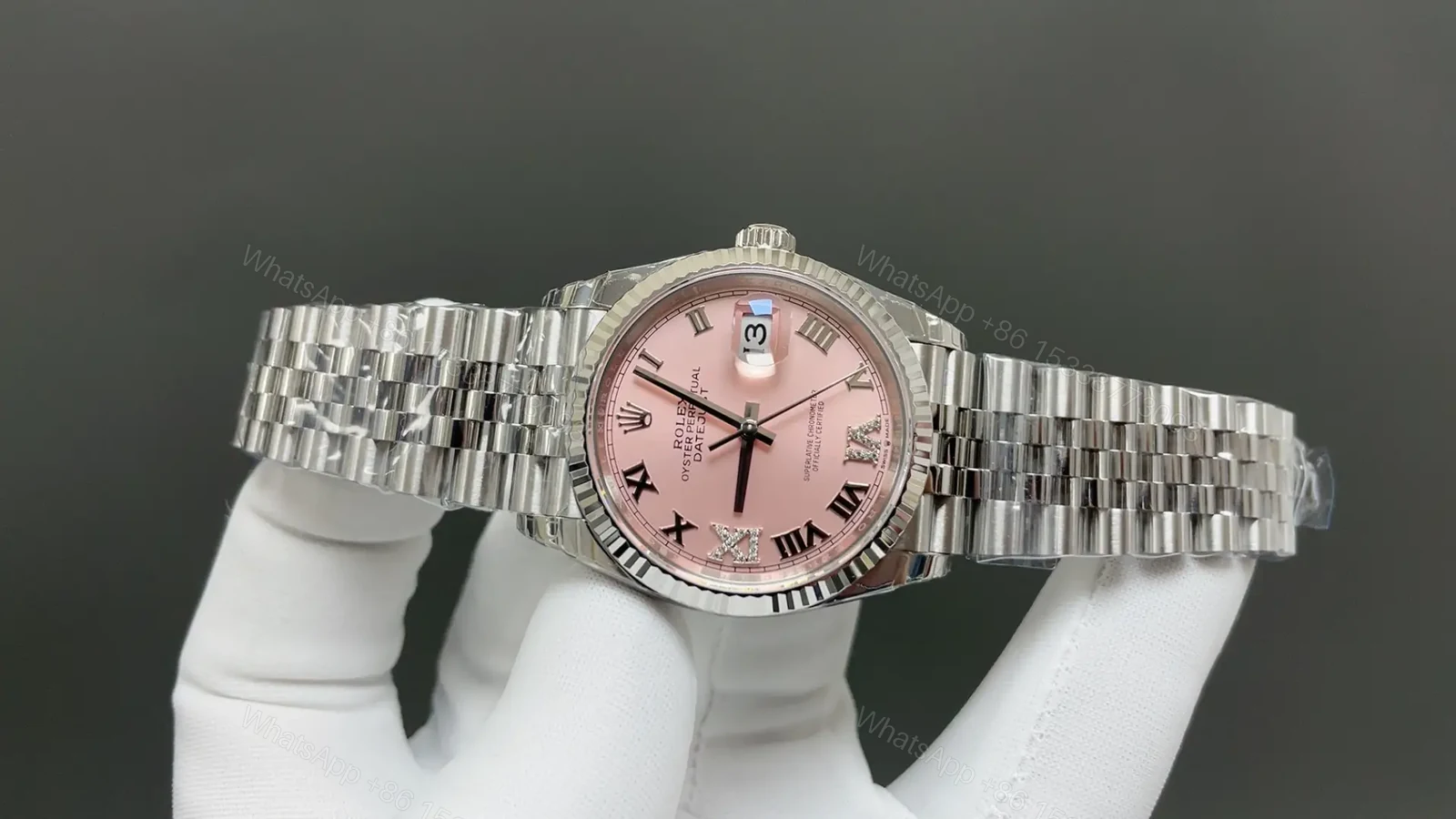 View 2 of Rolex Datejust 36 126234 Pink Roman Diamond Dial Fluted Bezel Jubilee Bracelet Watch 126234-0031