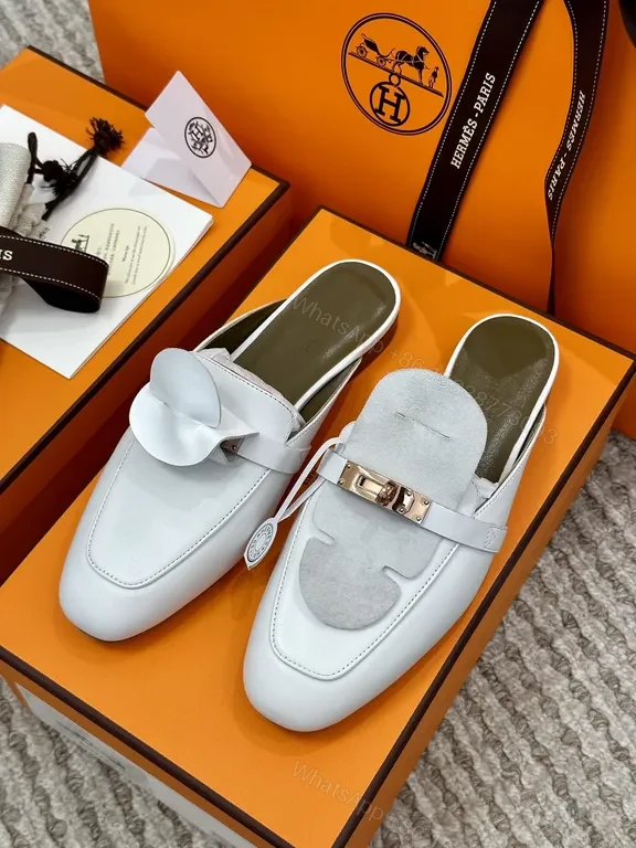 View 4 of White Leather Mule with Gold Horsebit - Premium Calfskin Slip-On