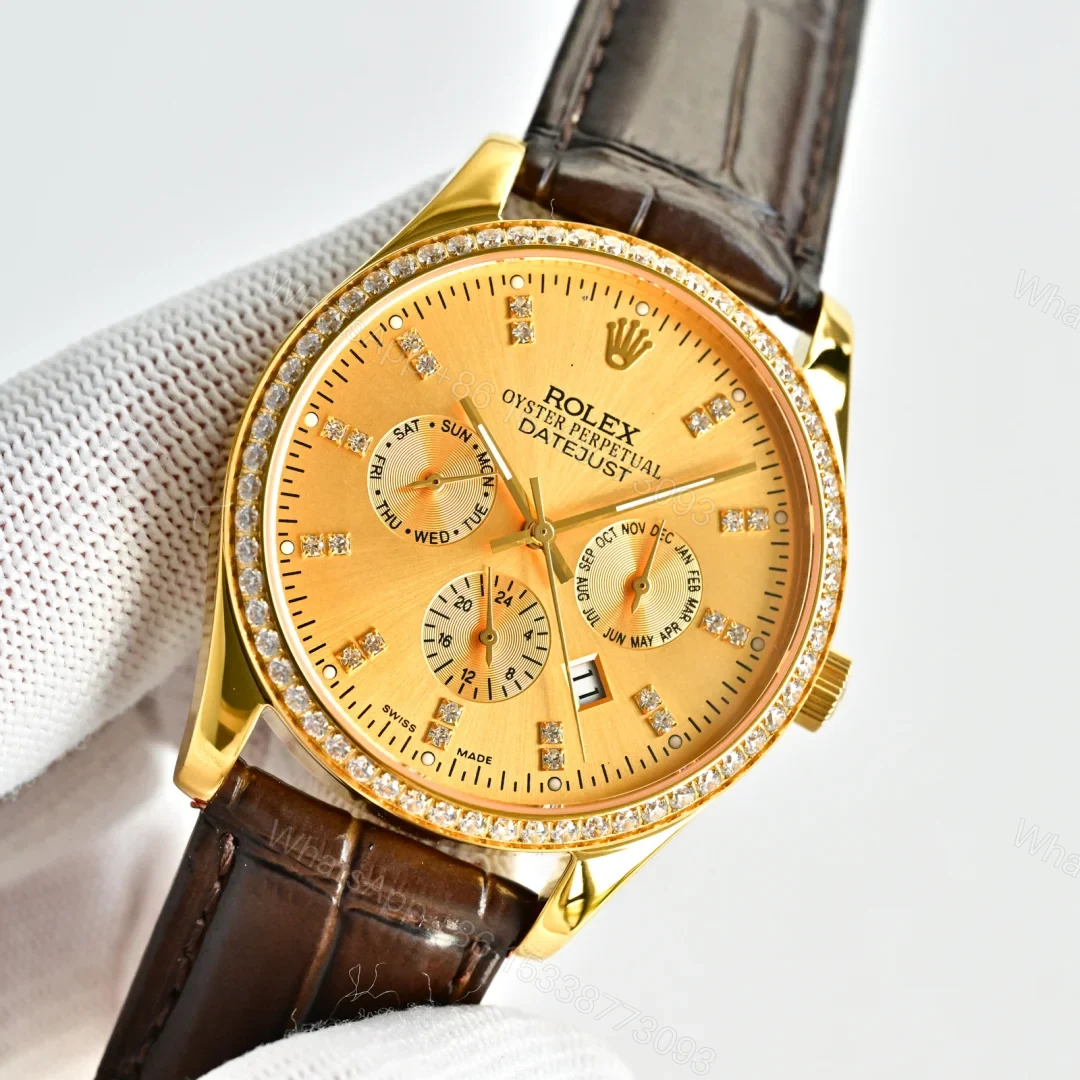 View 2 of Rolex Datejust R76 Gold Replica 41MM Premium Leather Strap Multi-Function Edition RG-ROLEX-DJ-R76-GOLD-LTH-41